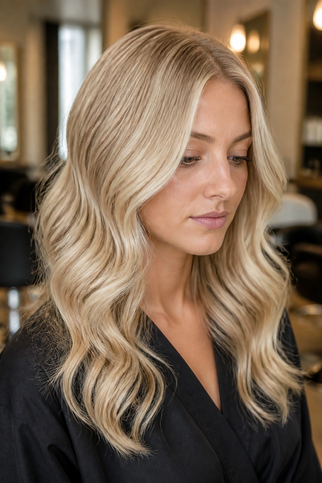 Close-up portrait of a real person with champagne butter blonde hair and soft glow