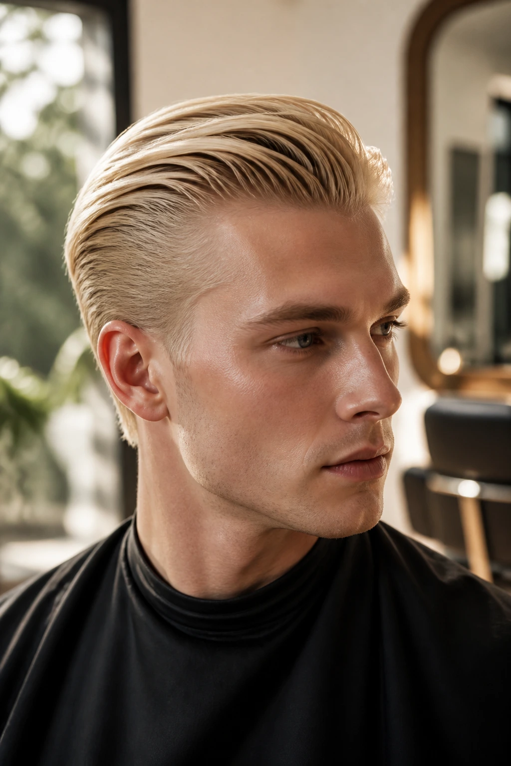 Close-up portrait of a man with champagne blonde slicked-back hair, healthy shine.