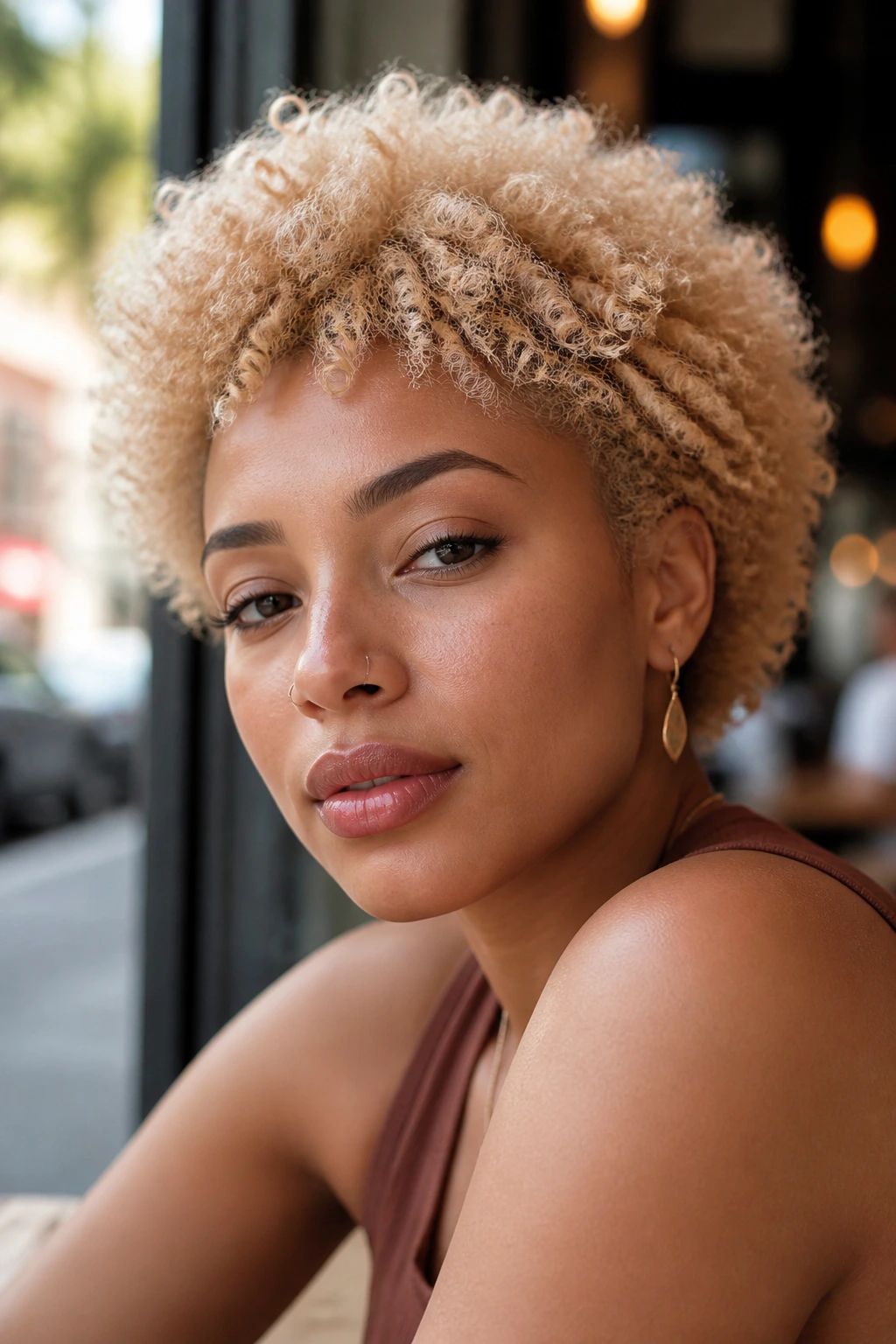 Close-up portrait of a real person with champagne blonde hair in soft beige tones.