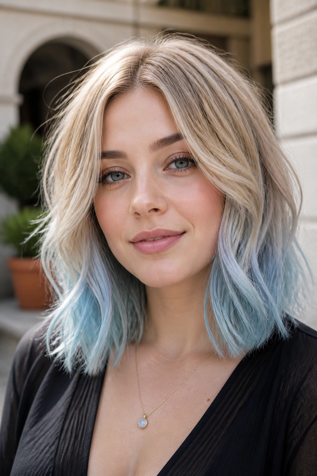 Close-up of a woman with champagne blonde roots and icy blue tips in soft waves