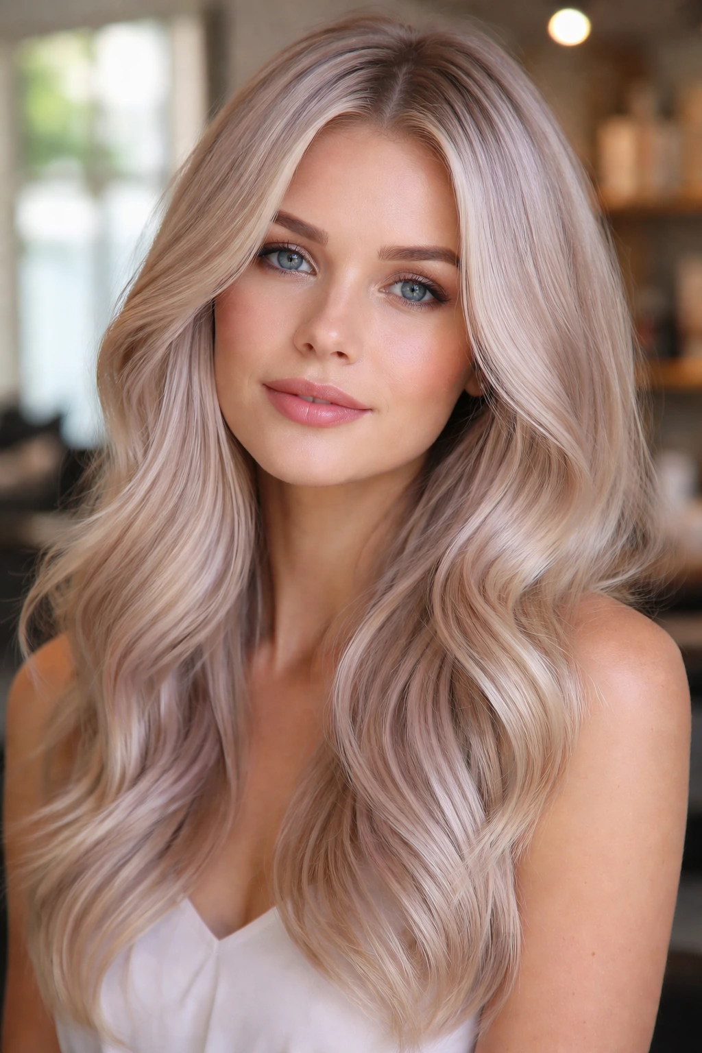 Close-up of a real woman with lavender champagne blonde hair in a softly lit salon