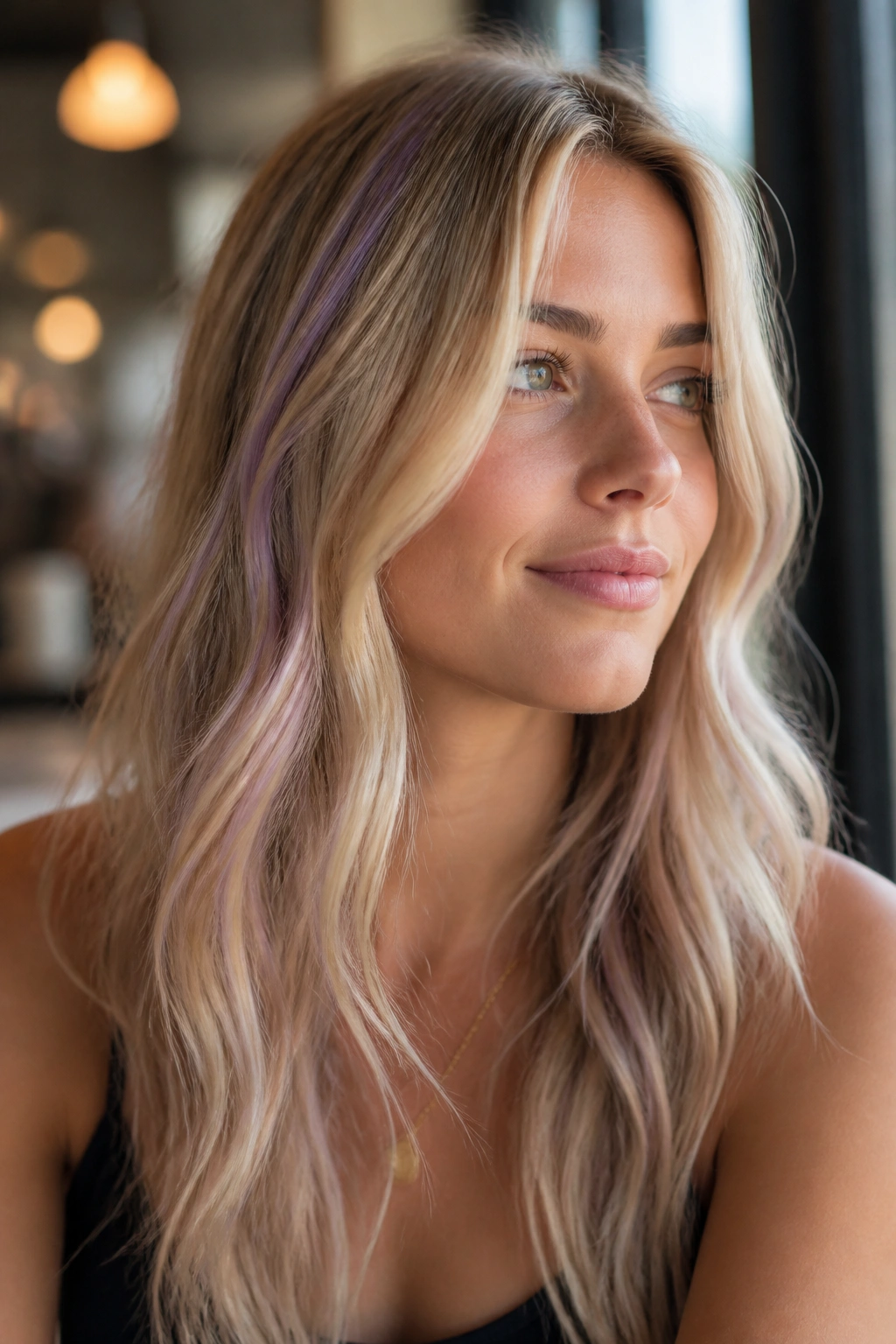 Close-up of a woman with champagne blonde hair and thin lilac ribbons woven through