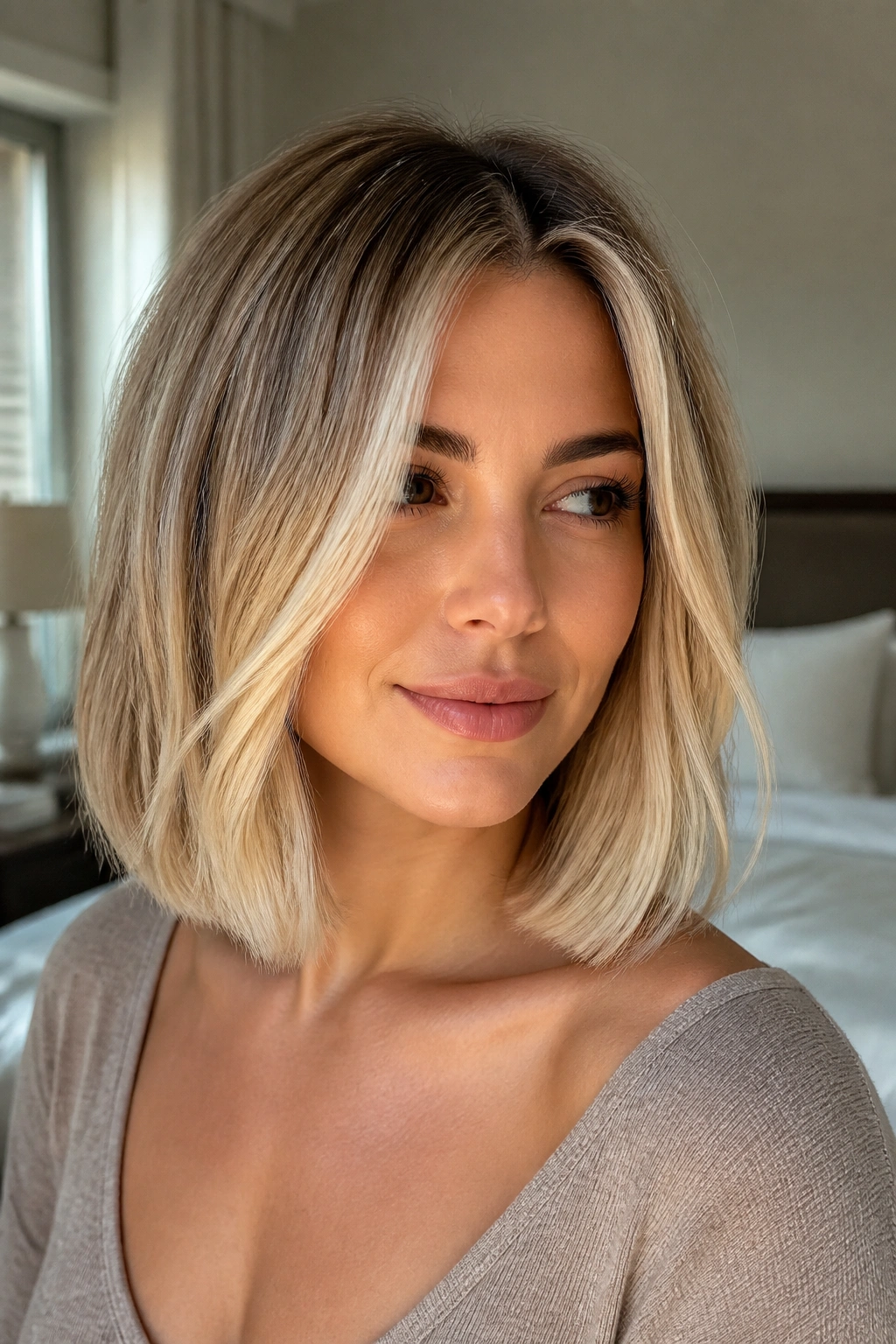 Close-up of a real woman with champagne blonde lob, front corners highlighted.