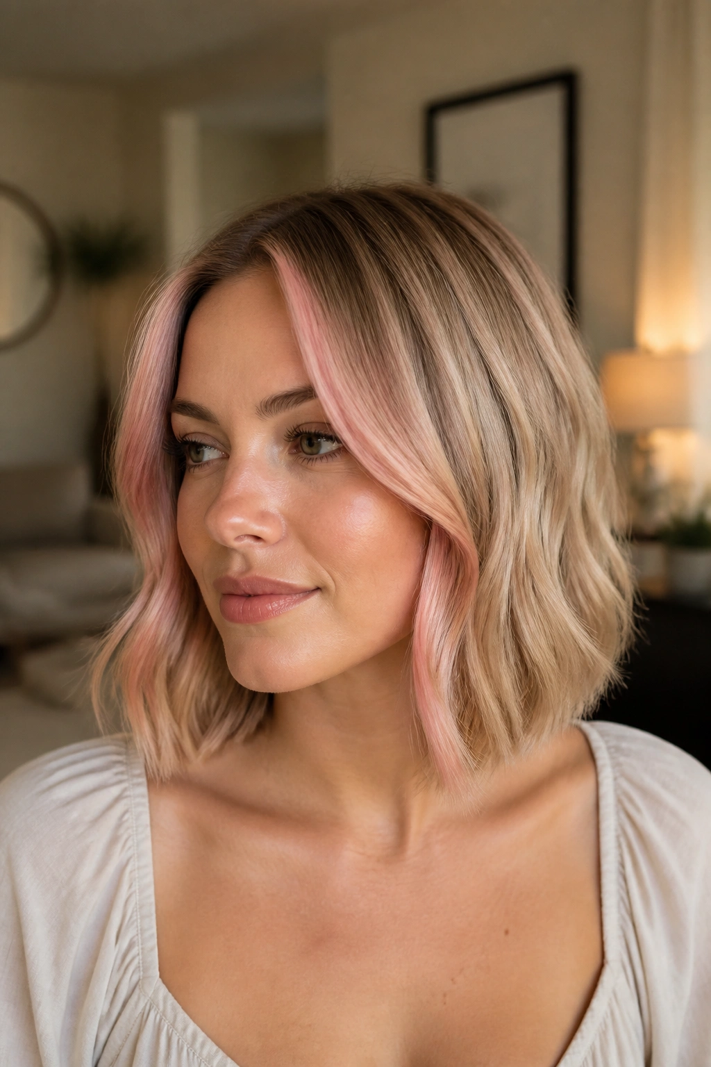 Close-up of a real woman with champagne blonde lob and rose-gold money pieces