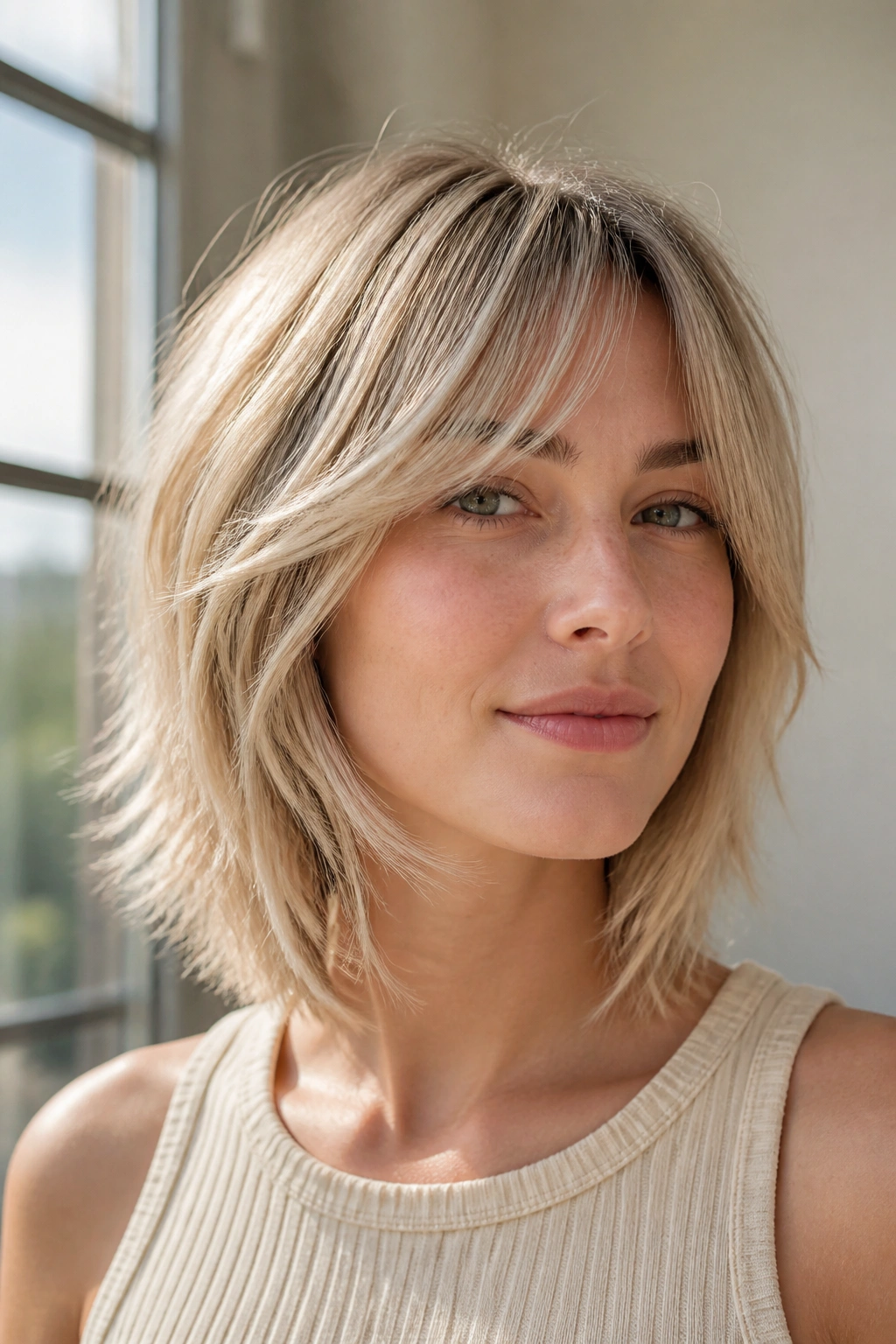 Close-up of a real woman with Champagne Blonde Mid-Length Shag in bright light