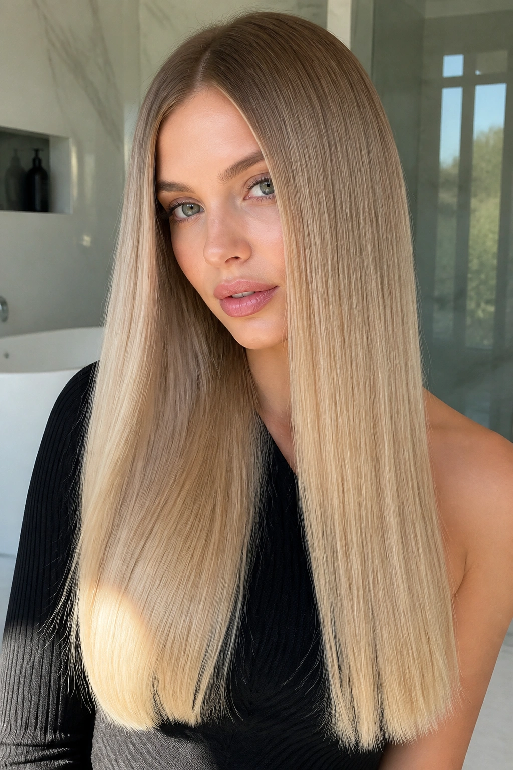 Woman with champagne blonde ombre and glassy straight hair in bathroom light