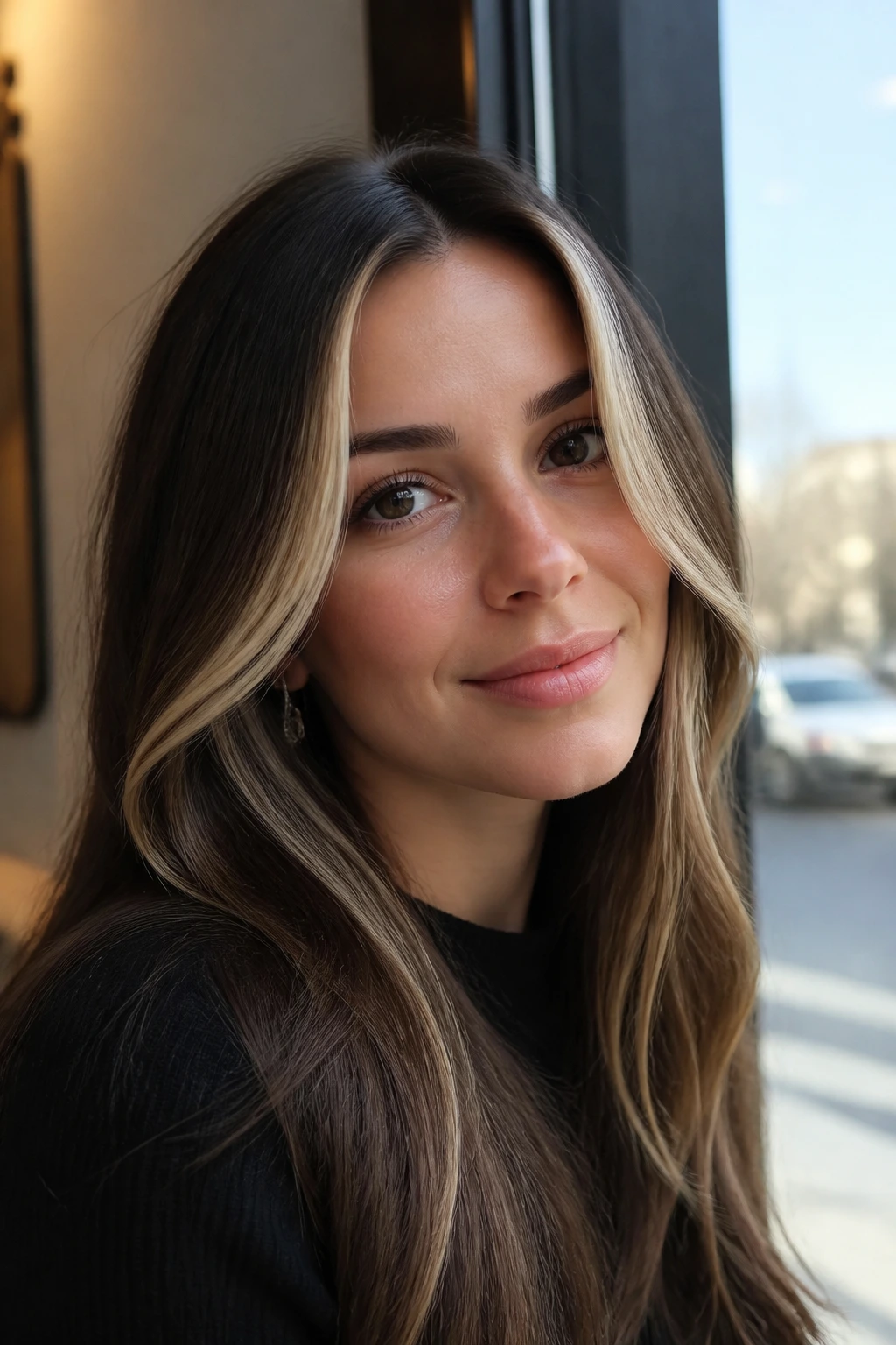 Champagne-front peeking highlights on brunette in cafe light