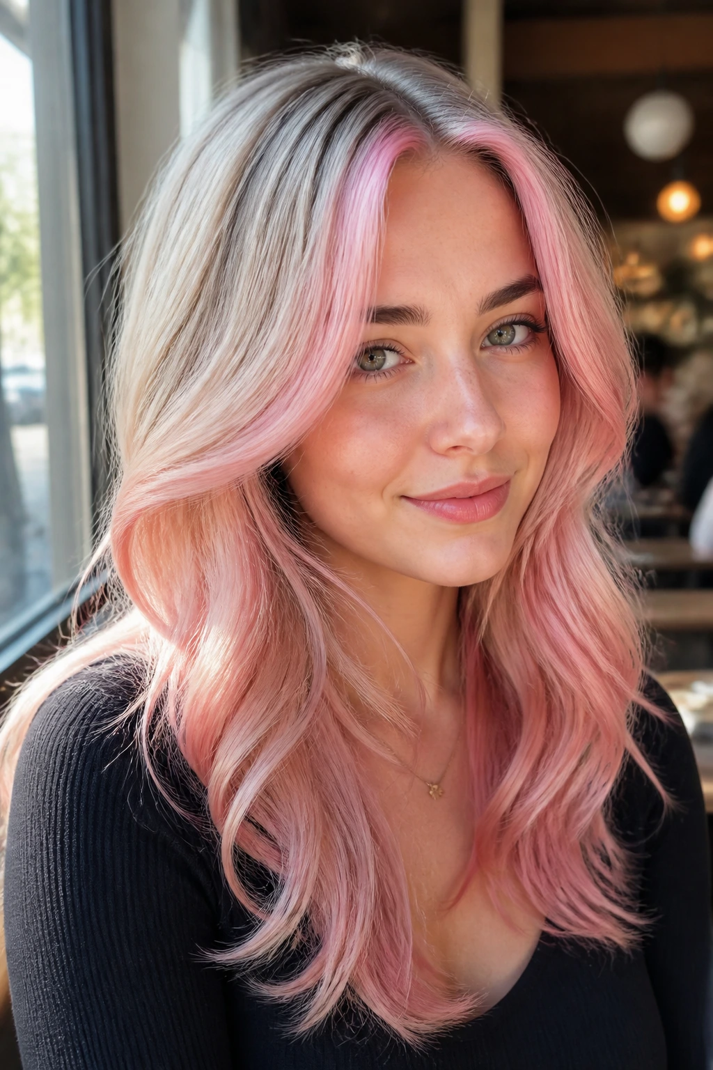 Close-up of a real woman with champagne blonde hair and pink face frame