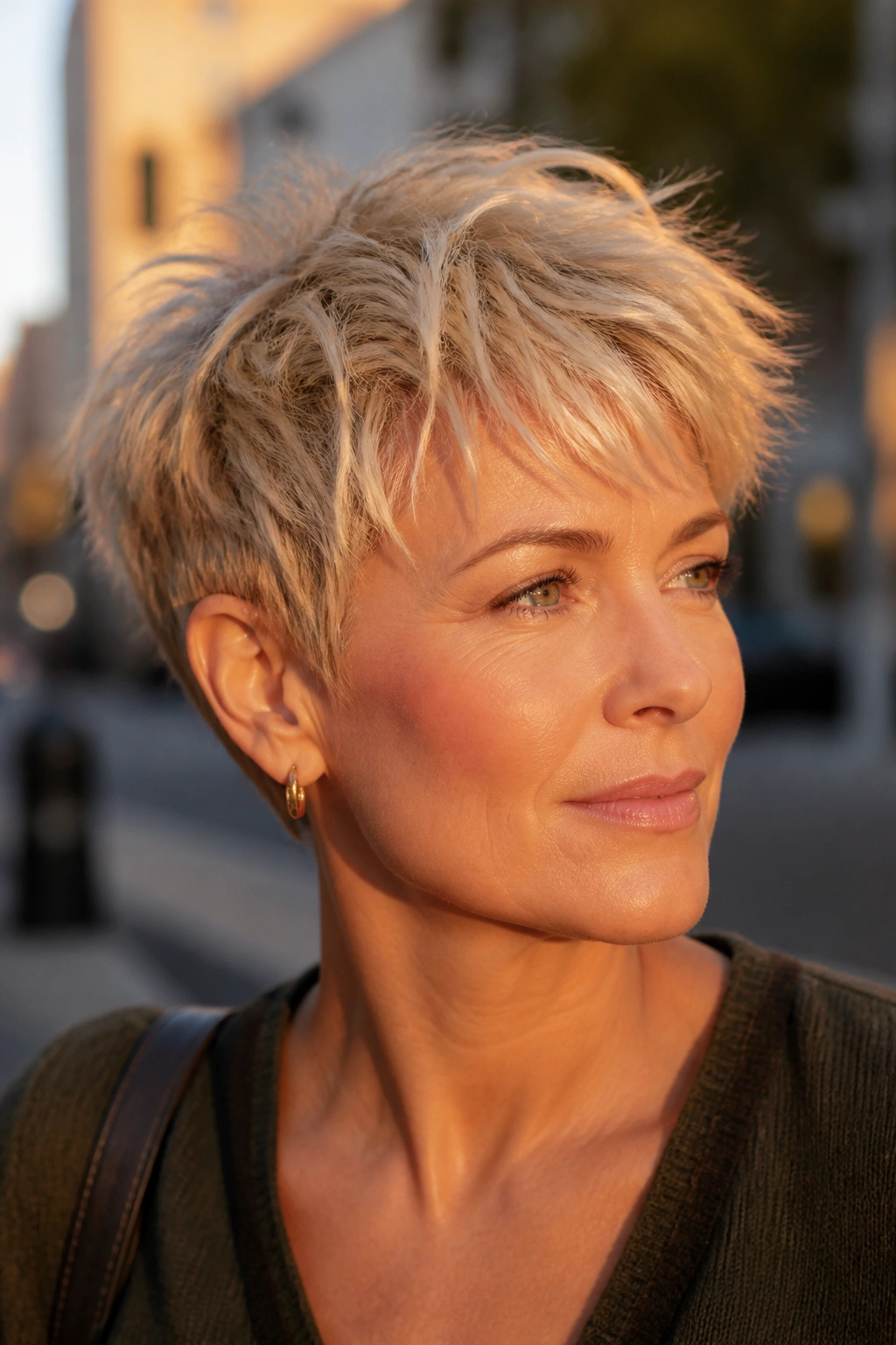 Portrait of a woman with a tousled champagne blonde crop