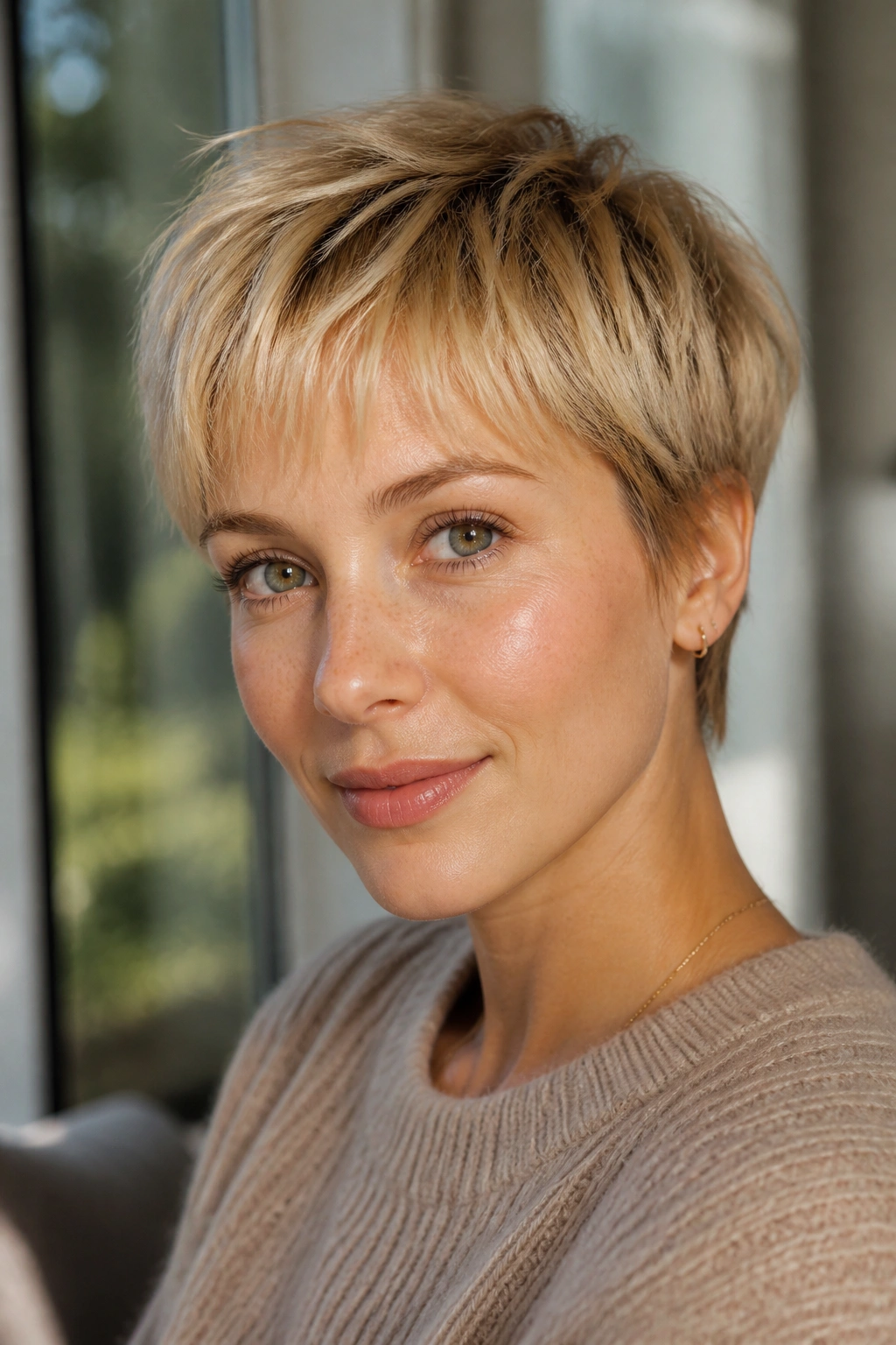 Close-up of a real woman with wispy baby bangs in warm champagne blonde pixie