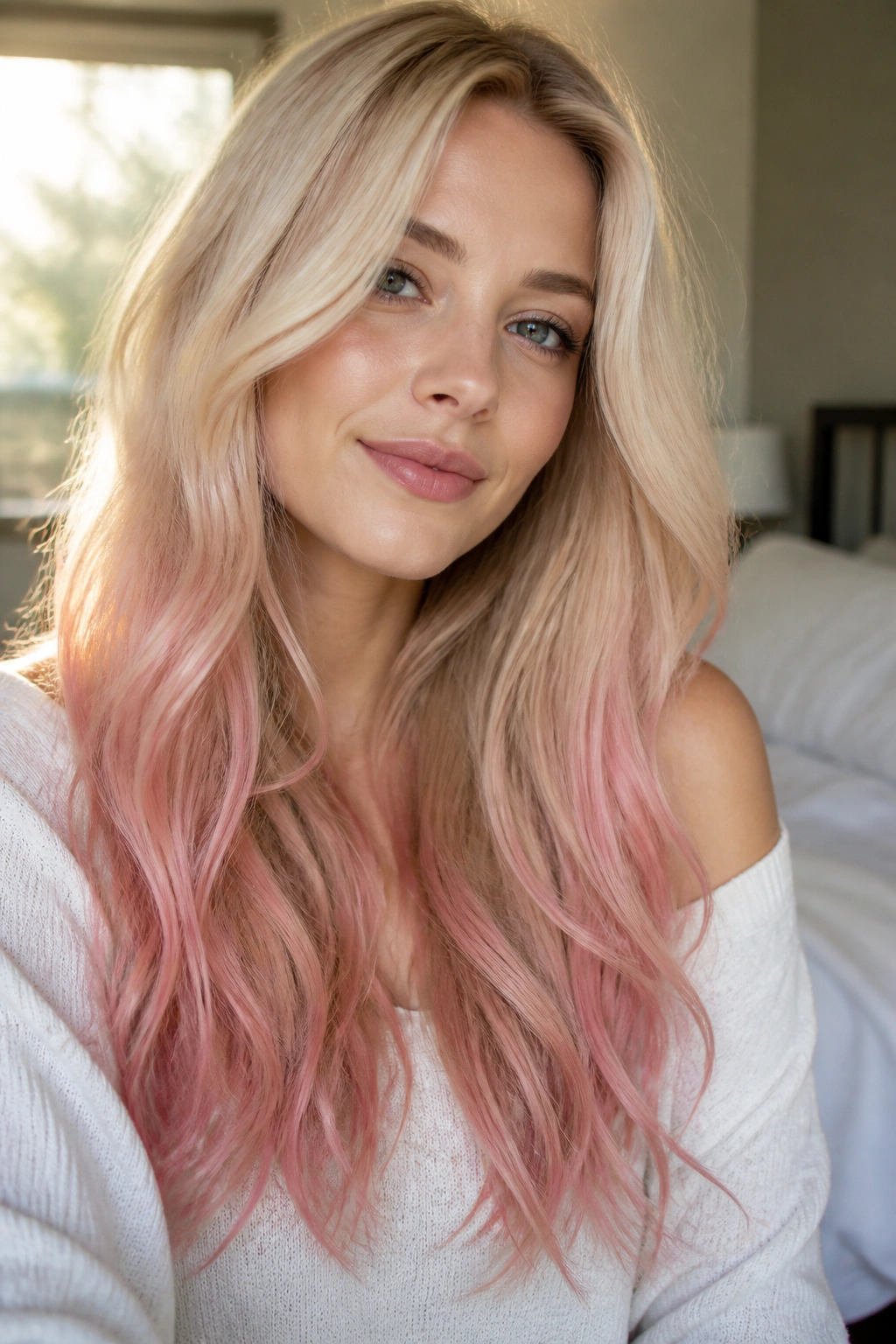 Close-up portrait of a real woman with champagne blonde and rose ends in long wavy hair