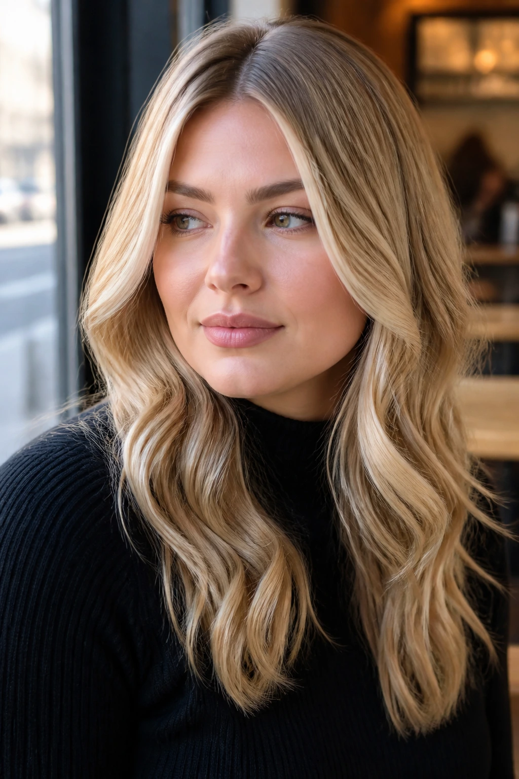 Close-up of a real woman with champagne blonde hair showing soft dimension
