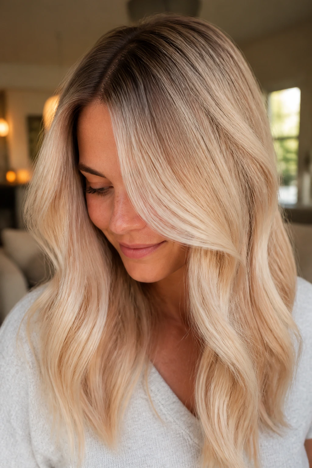 Close-up portrait of a real person with champagne blonde hair and a soft shadow root, warm window light