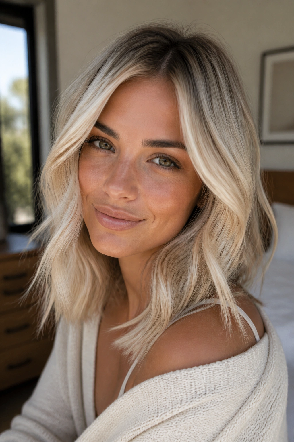 Close-up portrait of a real woman with shoulder-length champagne blonde hair and a soft shadow root.