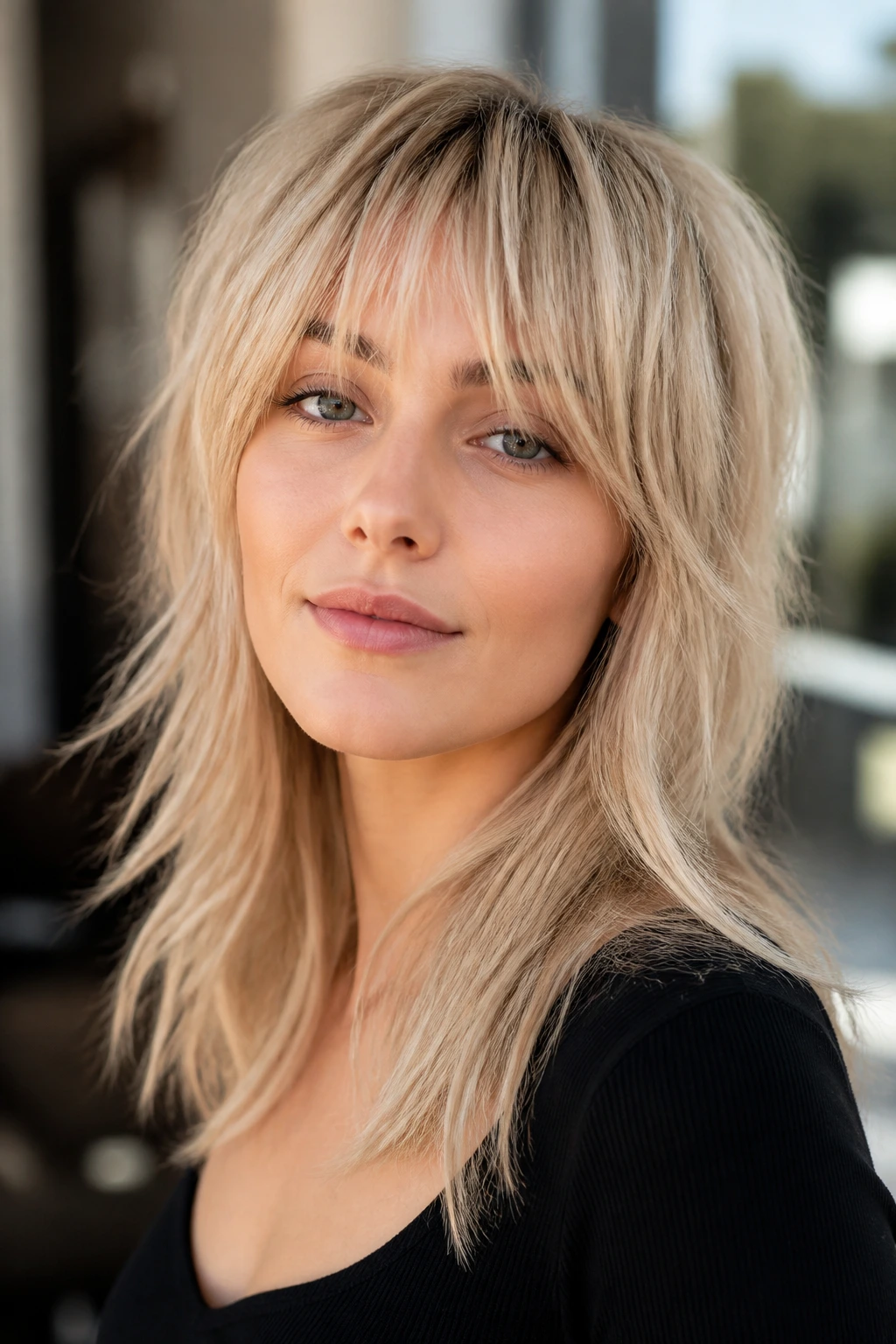 Portrait of a real person with champagne blonde shag and piecey bangs.