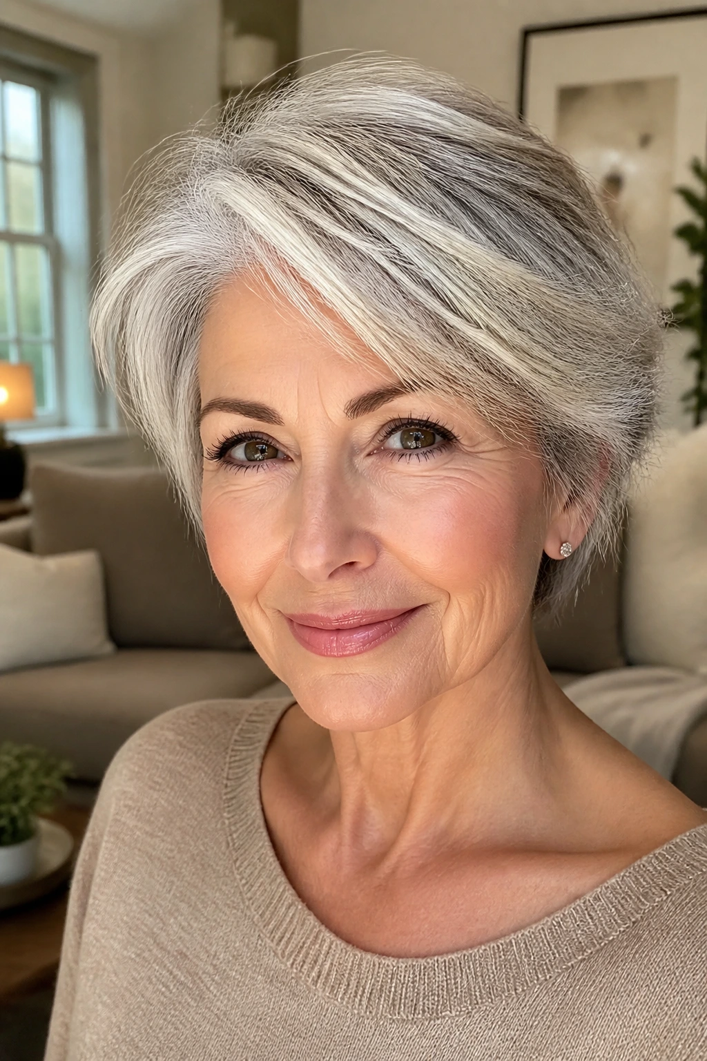 Close-up portrait of real woman with champagne blonde over silver gray hair and warm highlights