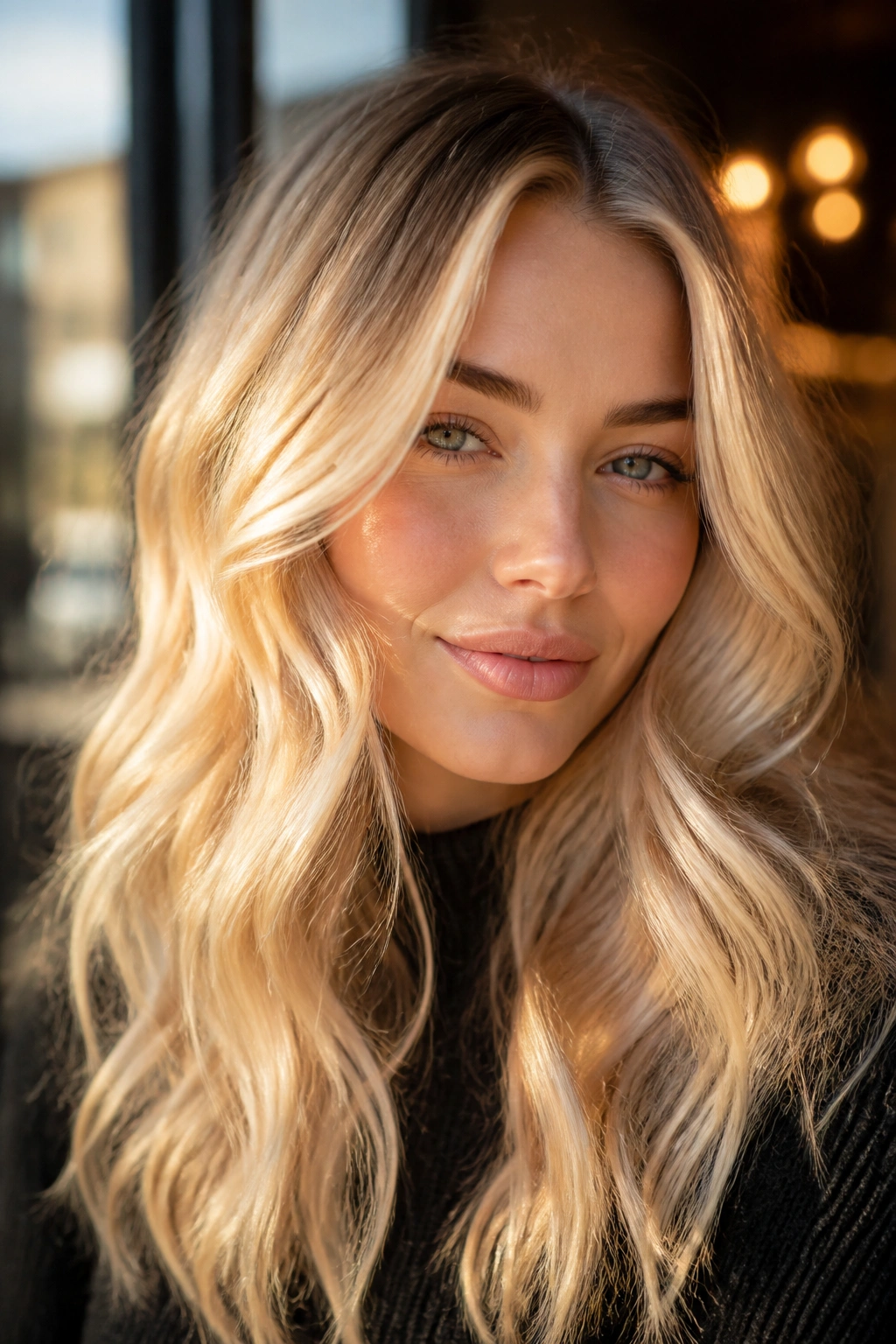 Close-up of a real person with champagne blonde wavy hair in warm natural light