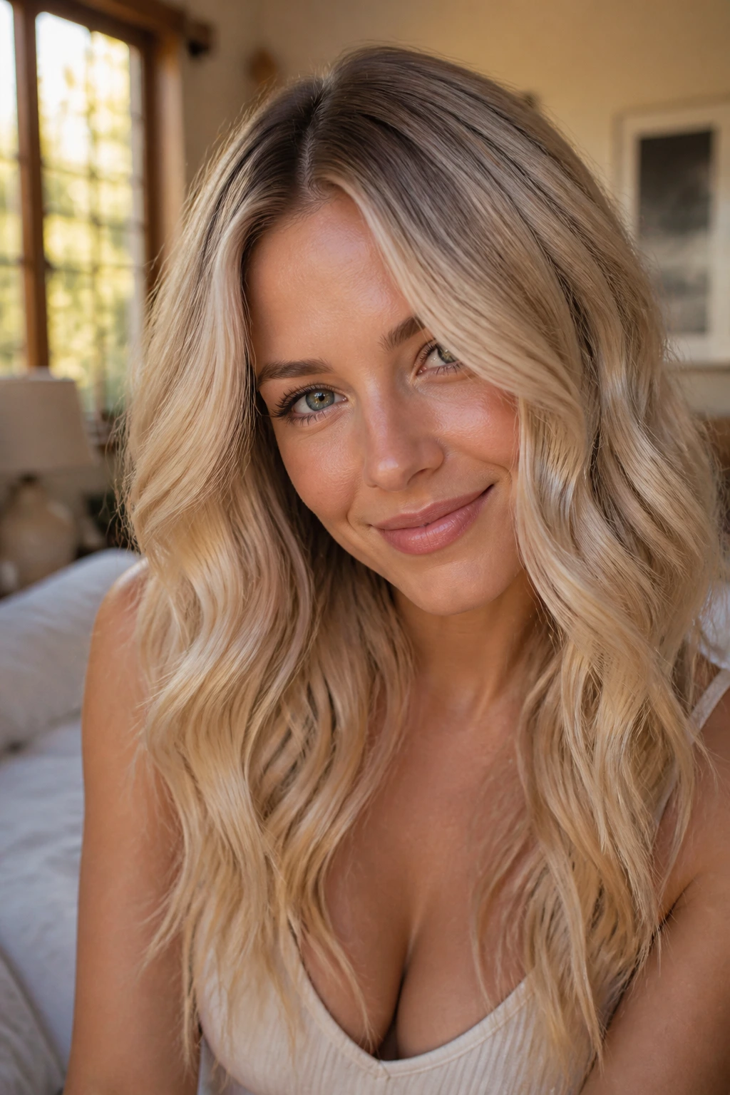 Close-up portrait of a real woman with champagne blonde wavy hair in warm window light