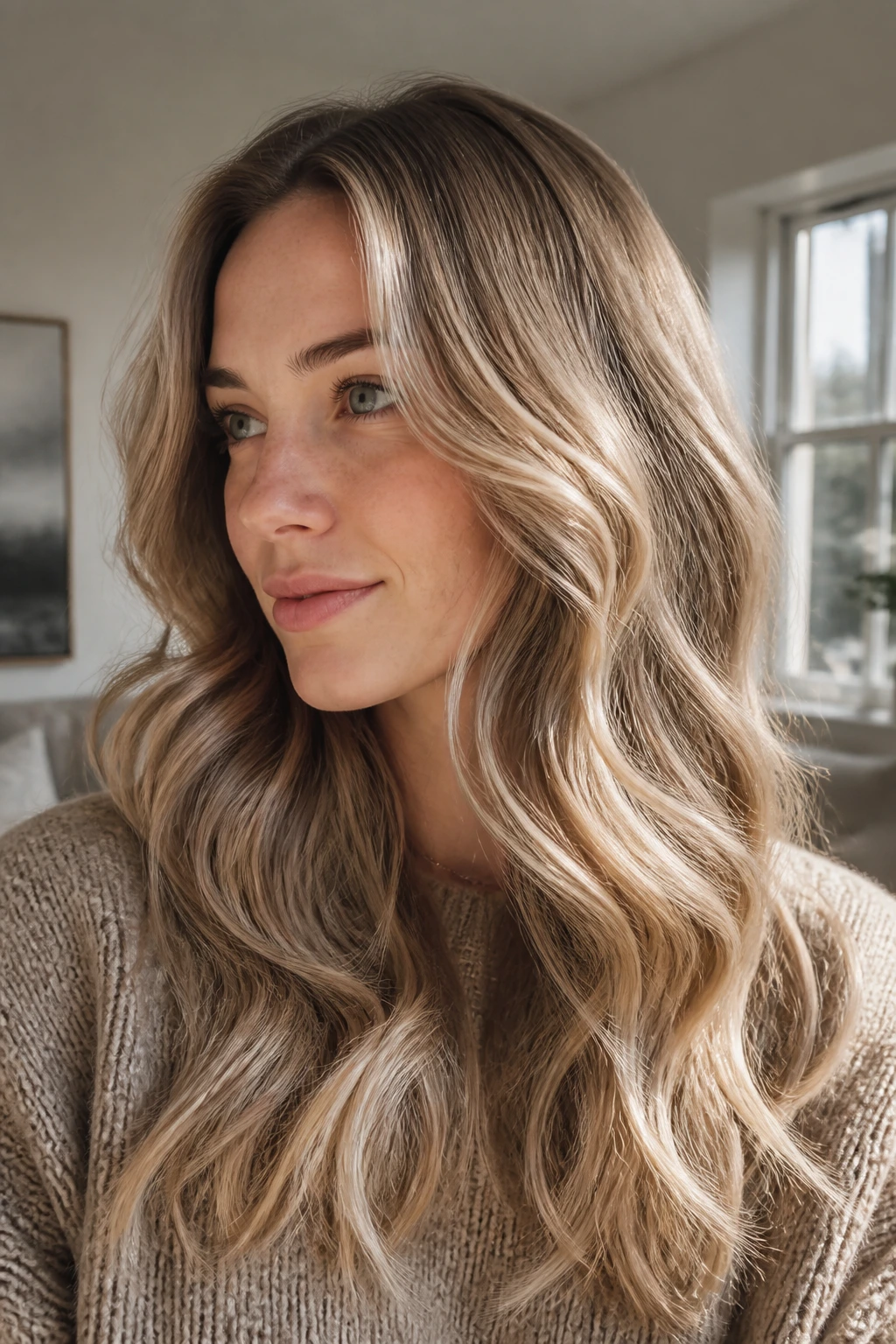 Close-up of a real person with Champagne Caramel Blonde Waves hair.