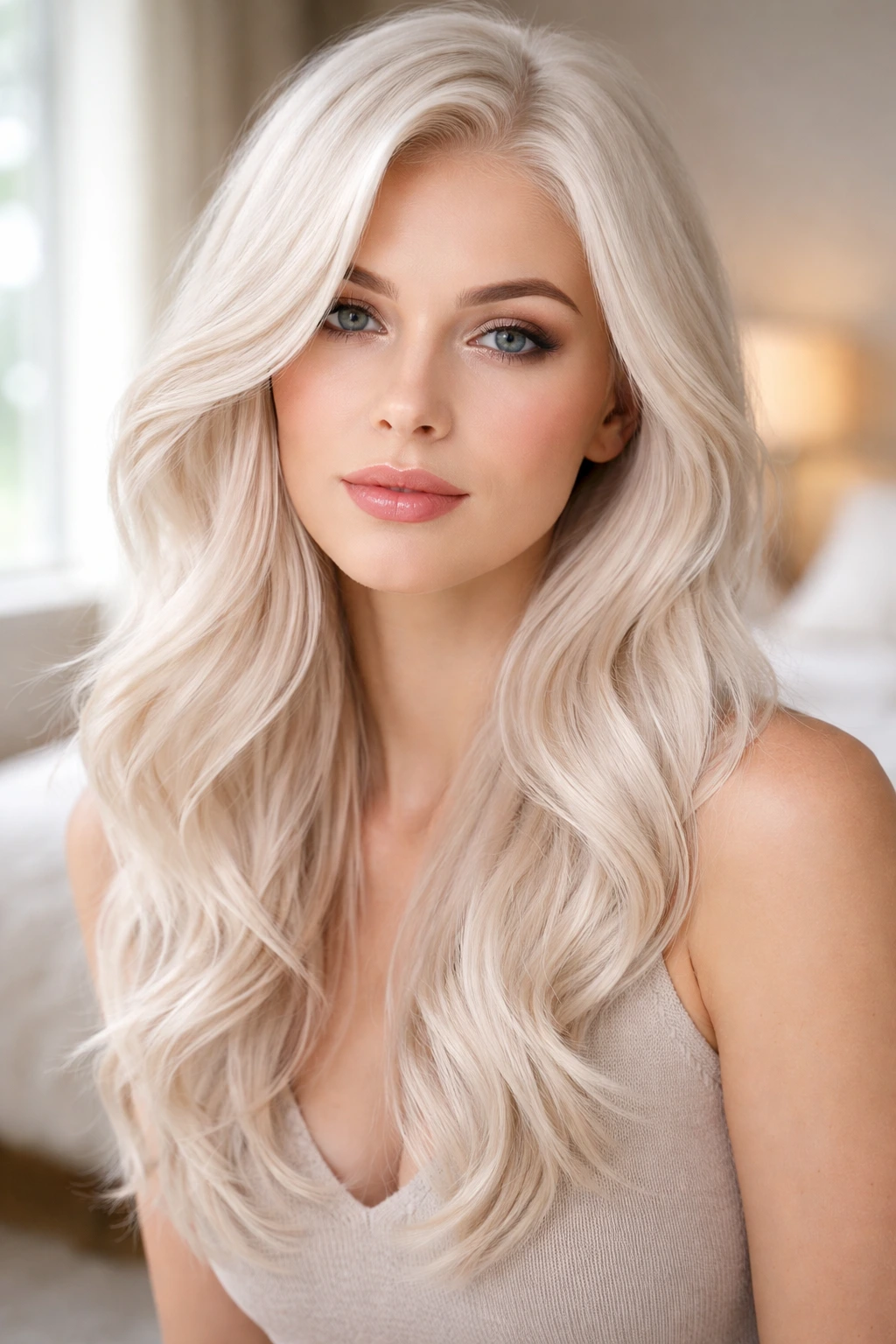 Close-up of champagne-cool white hair with pink-gold undertone