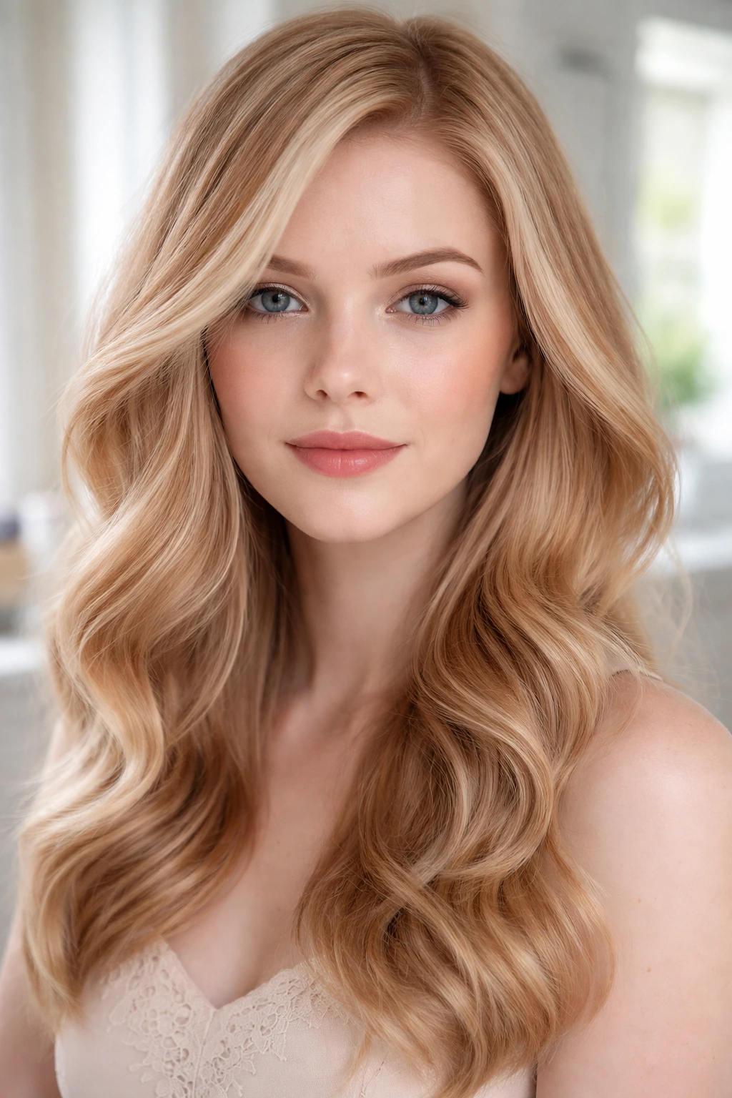 Close-up portrait of a real woman with champagne copper hair under natural light