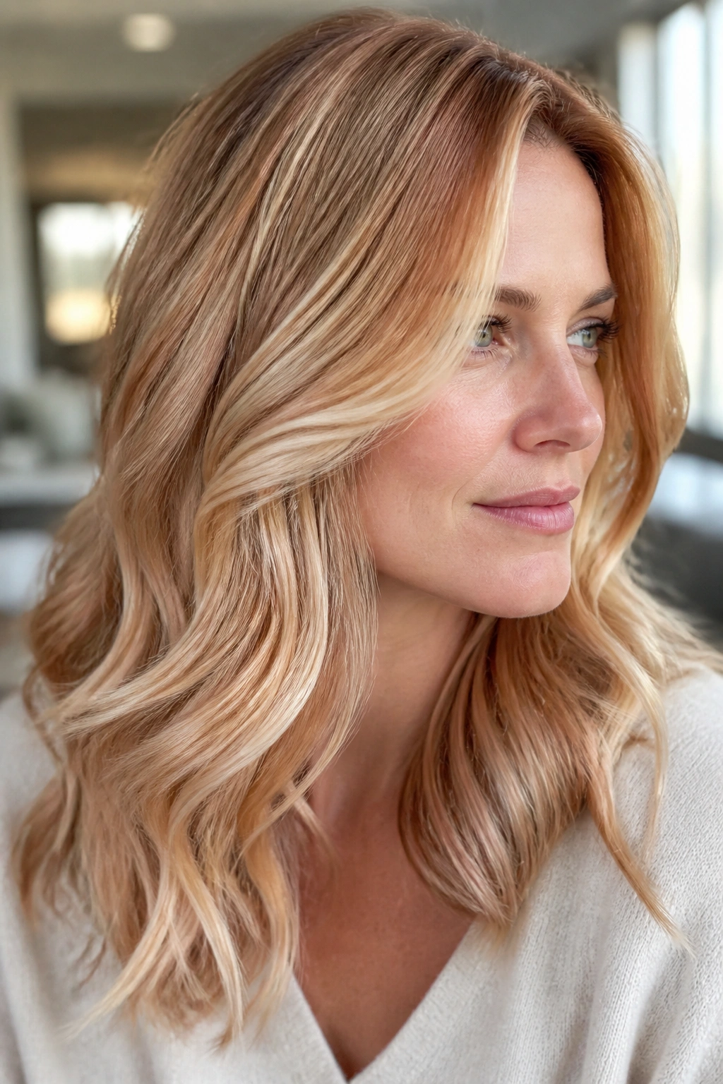 Close-up portrait of a woman with champagne copper highlights in her hair