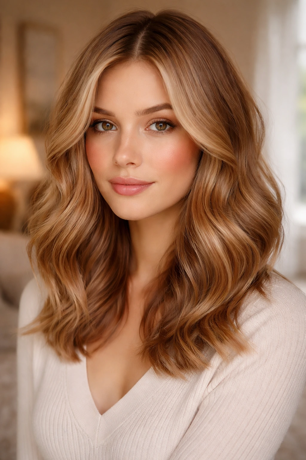Close-up of a real person with champagne copper waves over a beige base in warm window light