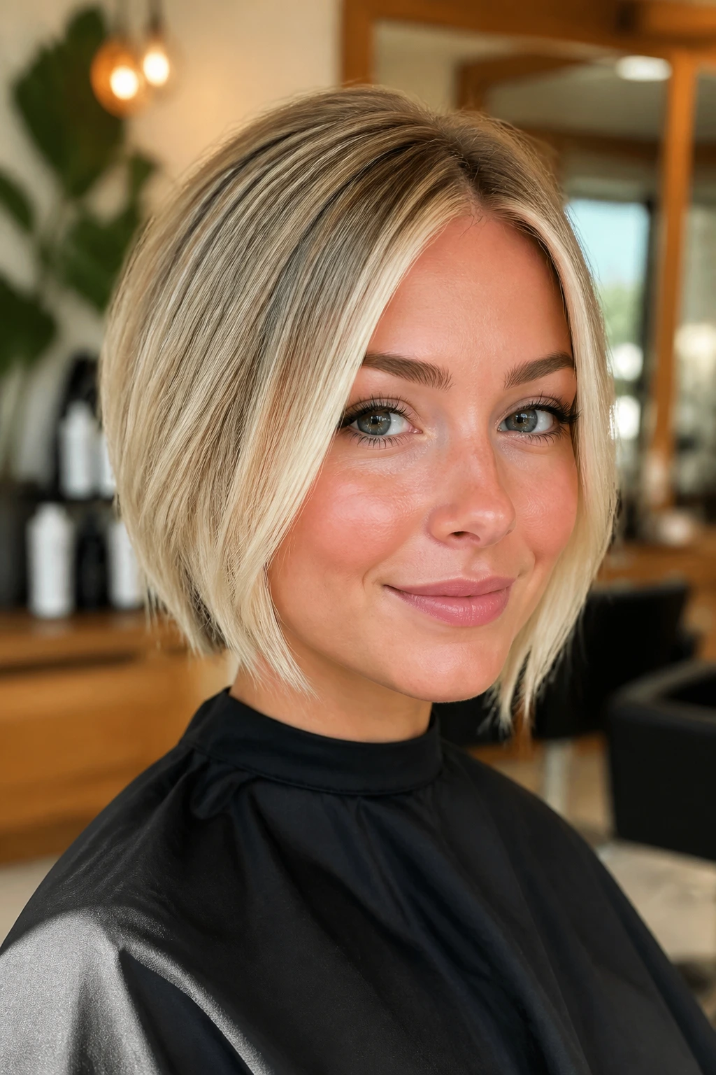 Close-up of a real woman with a short blonde bob featuring champagne face-frame pieces near the temples.