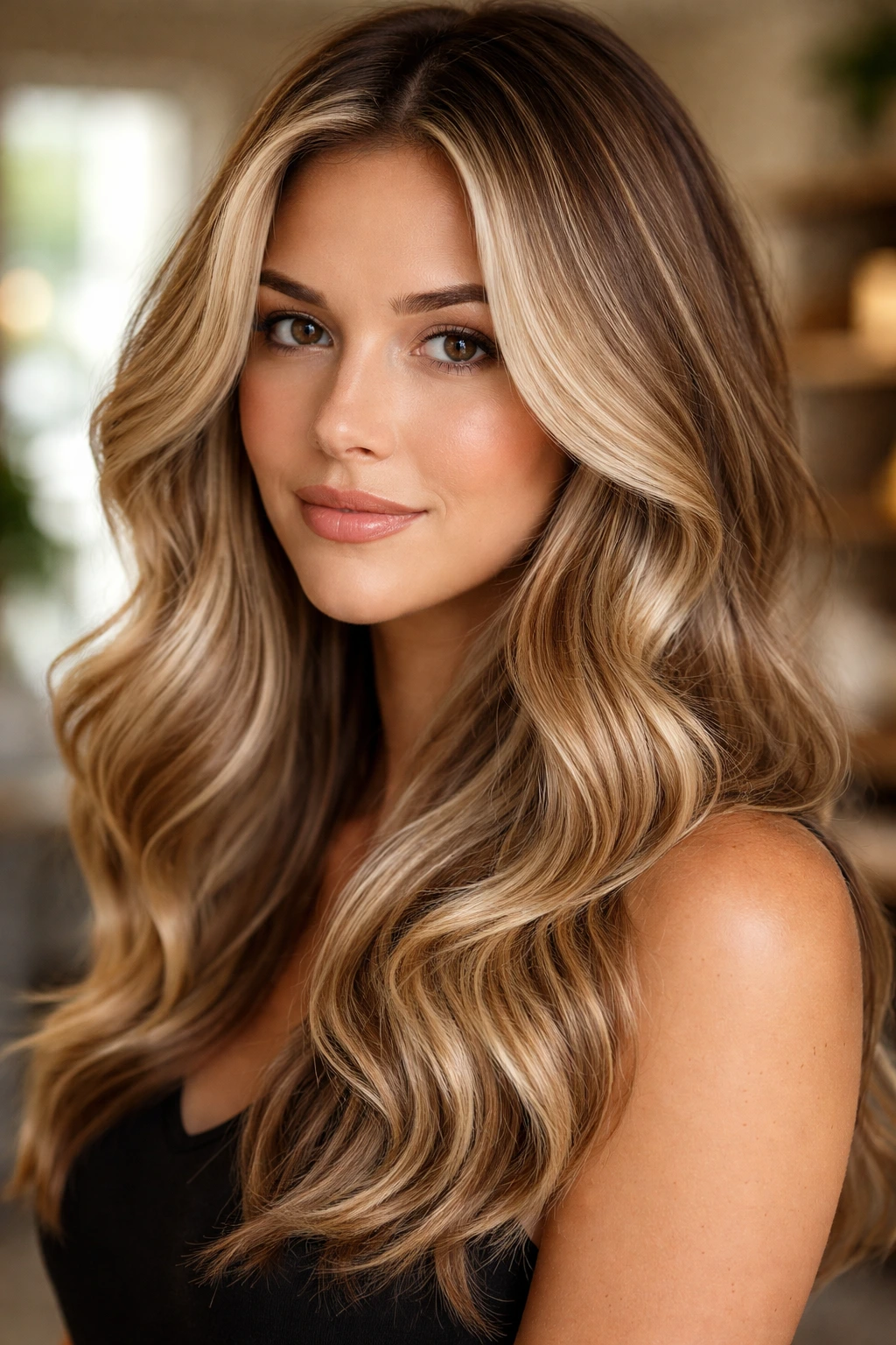 Close-up of a real woman with champagne blonde foilayage in warm window light