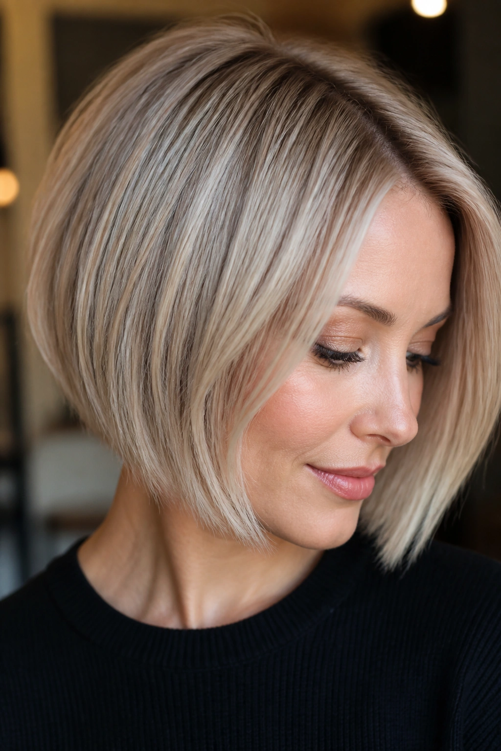 Close-up of a real person with fine champagne blonde hair and slender highlights.
