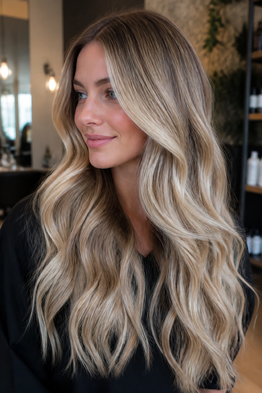 Portrait of a real person with thick, long champagne blonde hair showing depth and volume.