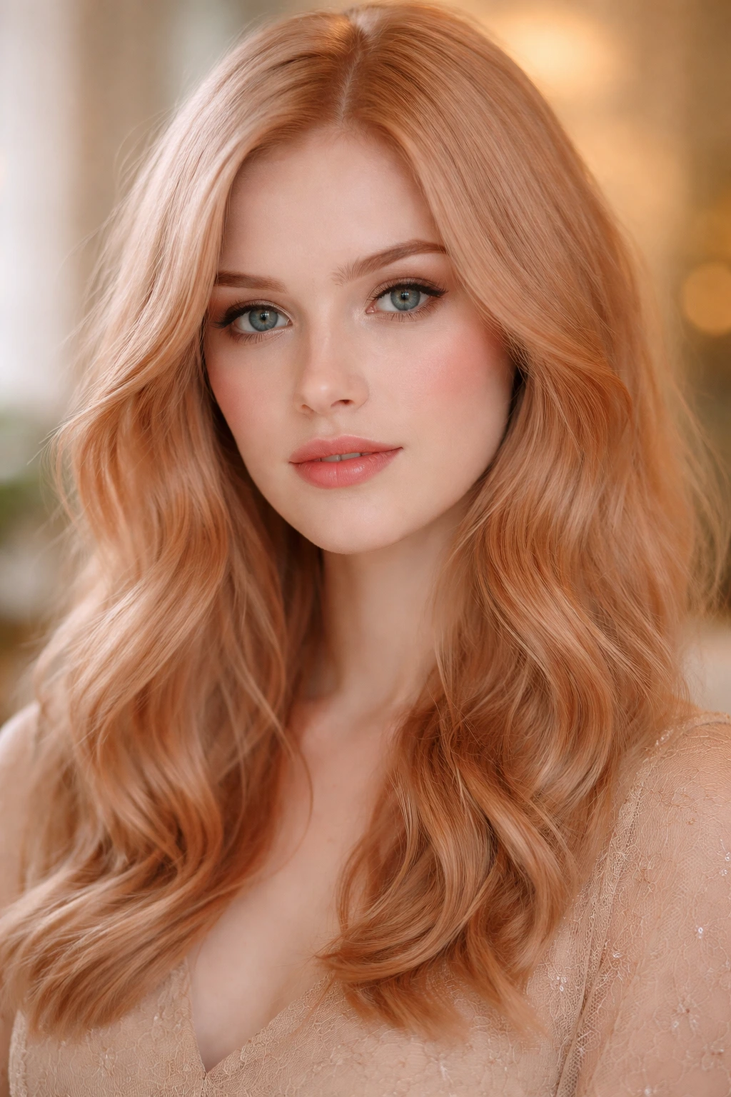Close-up portrait of a real person with Champagne Ginger hair in a softly lit elegant space.