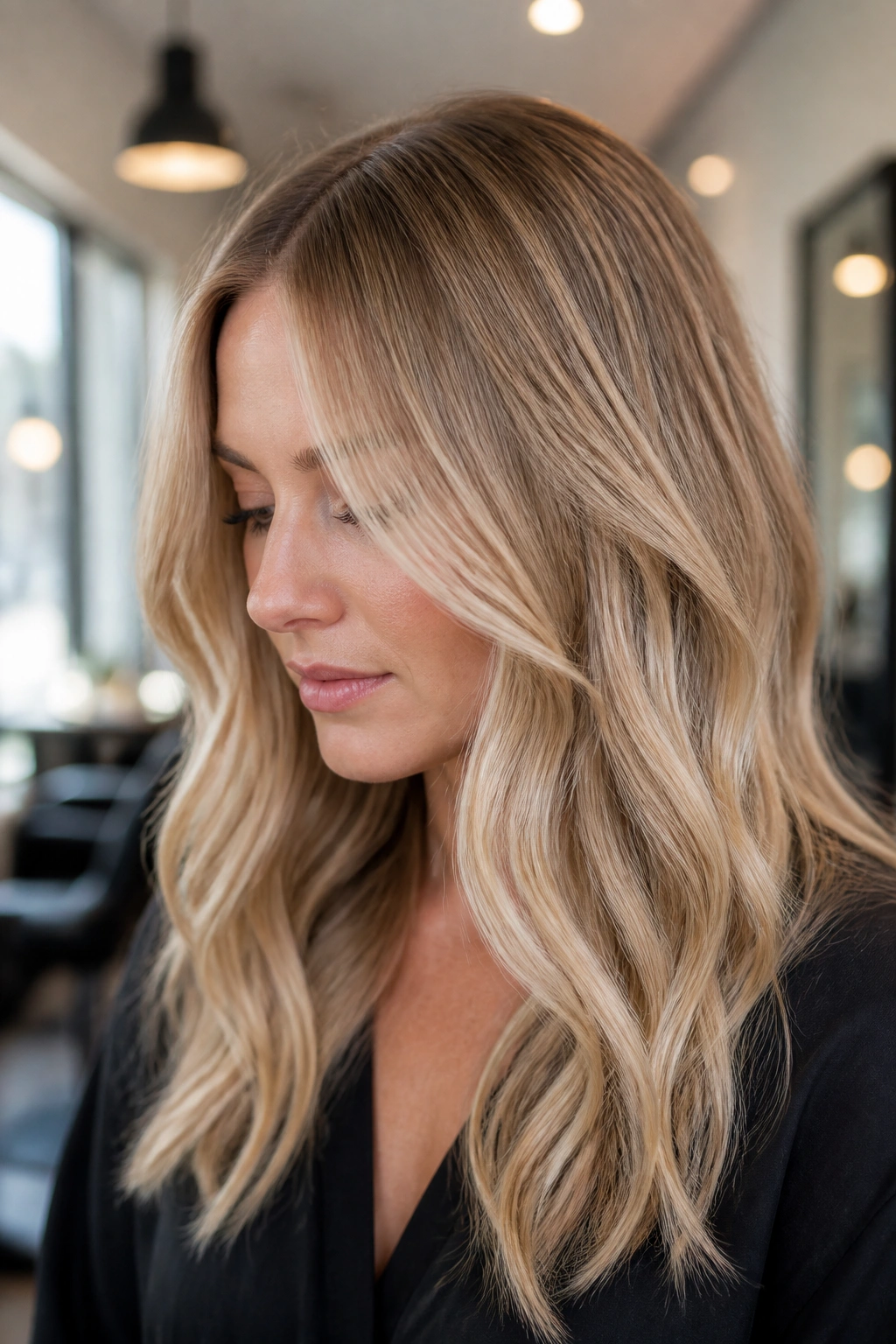 Portrait of a real person with champagne hair featuring teasylights for soft blended highlights.