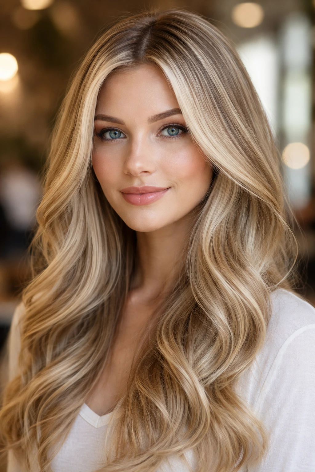 Close-up of a real woman with fine champagne highlights in cool toned hair