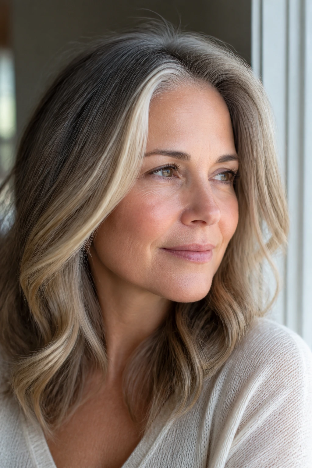 Close-up of gray hair with champagne pieces blending for harmony