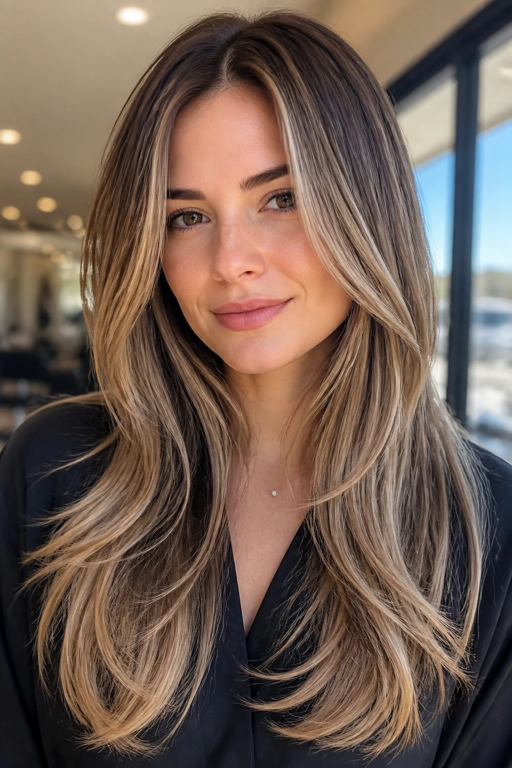 Close-up of a woman with champagne highlights on long layered hair