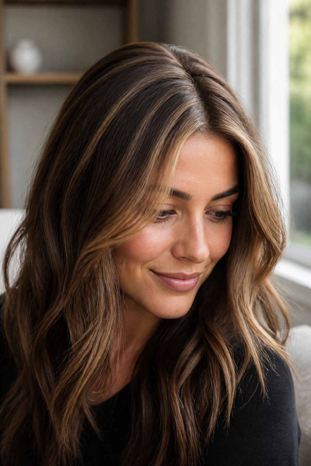 Close-up of a woman with champagne highlights around the part
