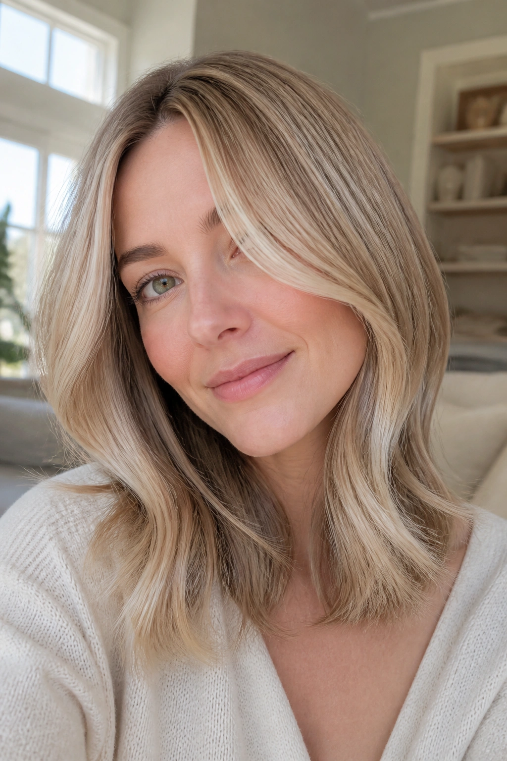 Close-up portrait of a woman with champagne-toned highlights in sandy blonde hair