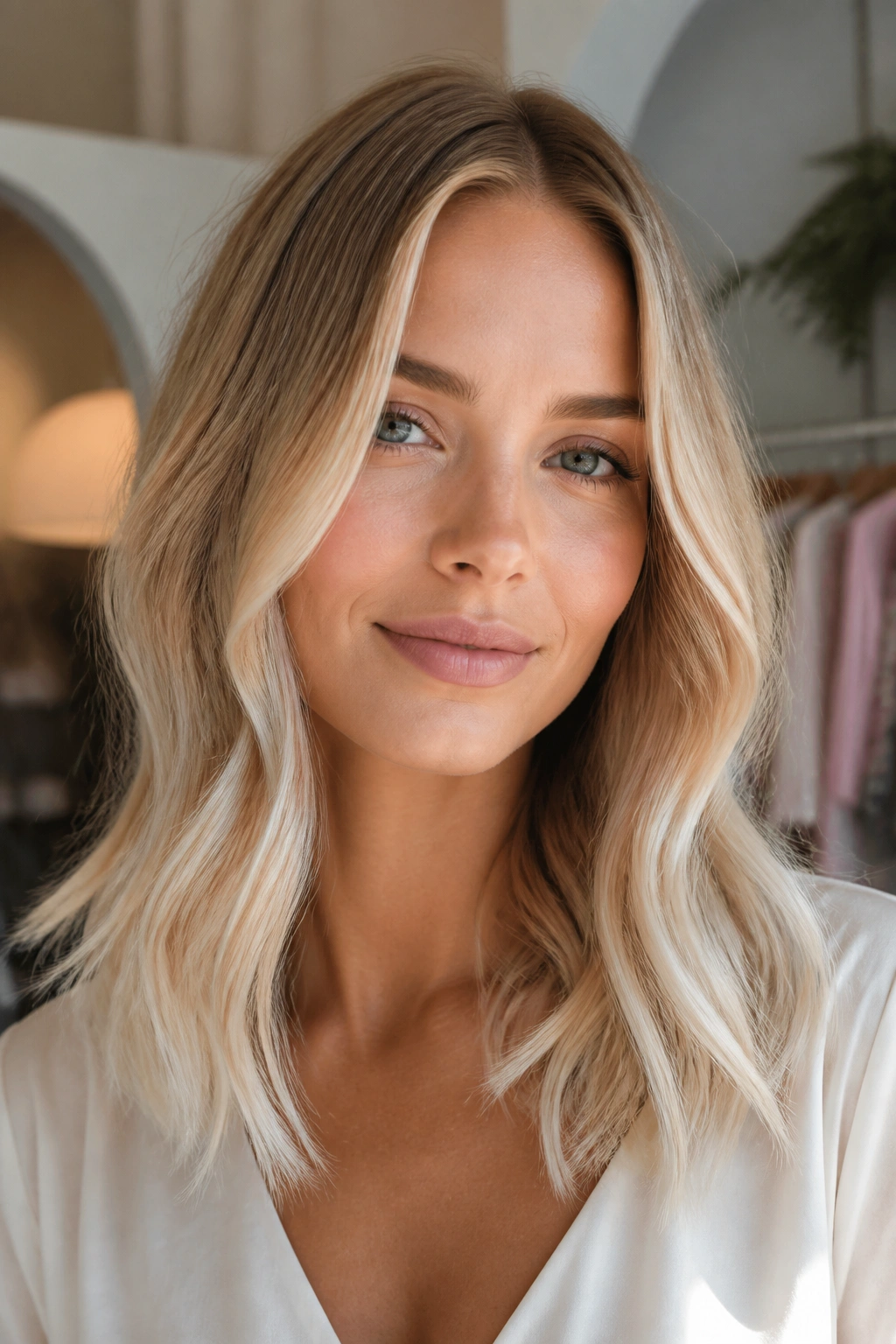 Close-up of champagne honey blonde with pearl ends on a real person