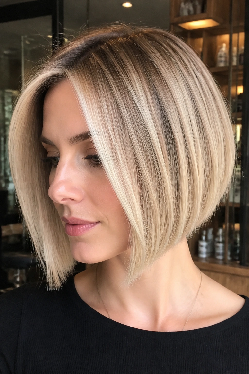 Real woman with champagne honey blonde on a sharp bob