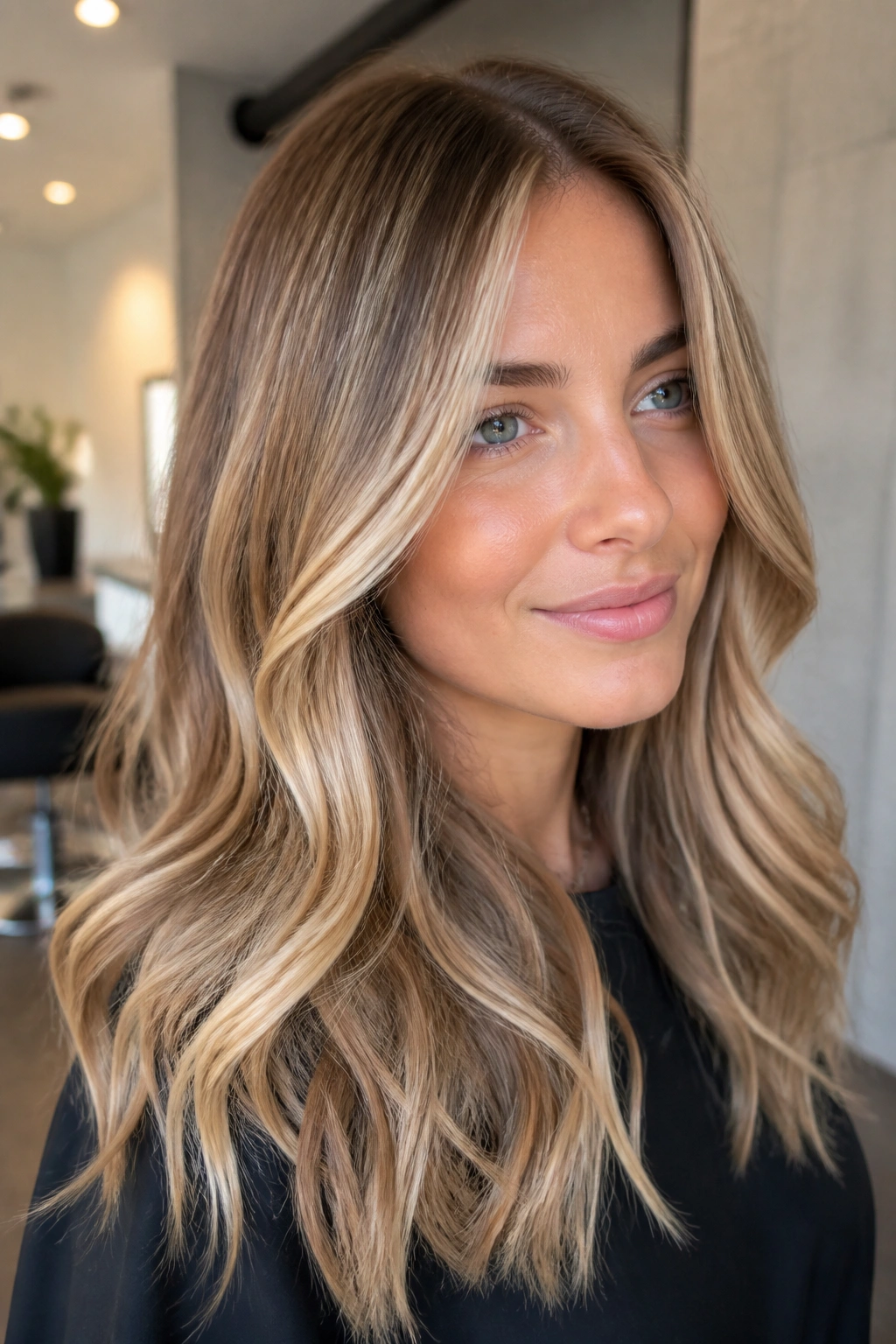 Close-up of a real woman's hair with champagne honey foilayage ribbons on cool skin