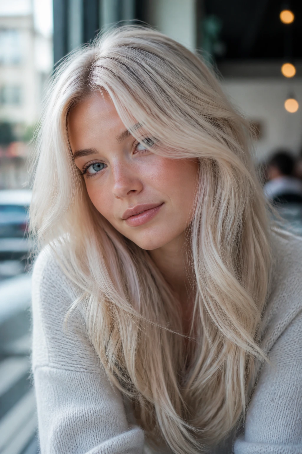 Portrait of a real person with champagne ice blonde hair and cool beige tones