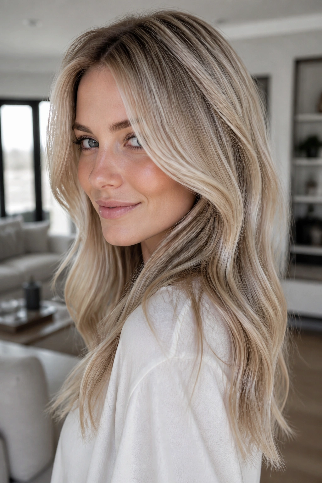 Medium close-up of a real person with dimensional champagne hair and subtle lowlights adding depth