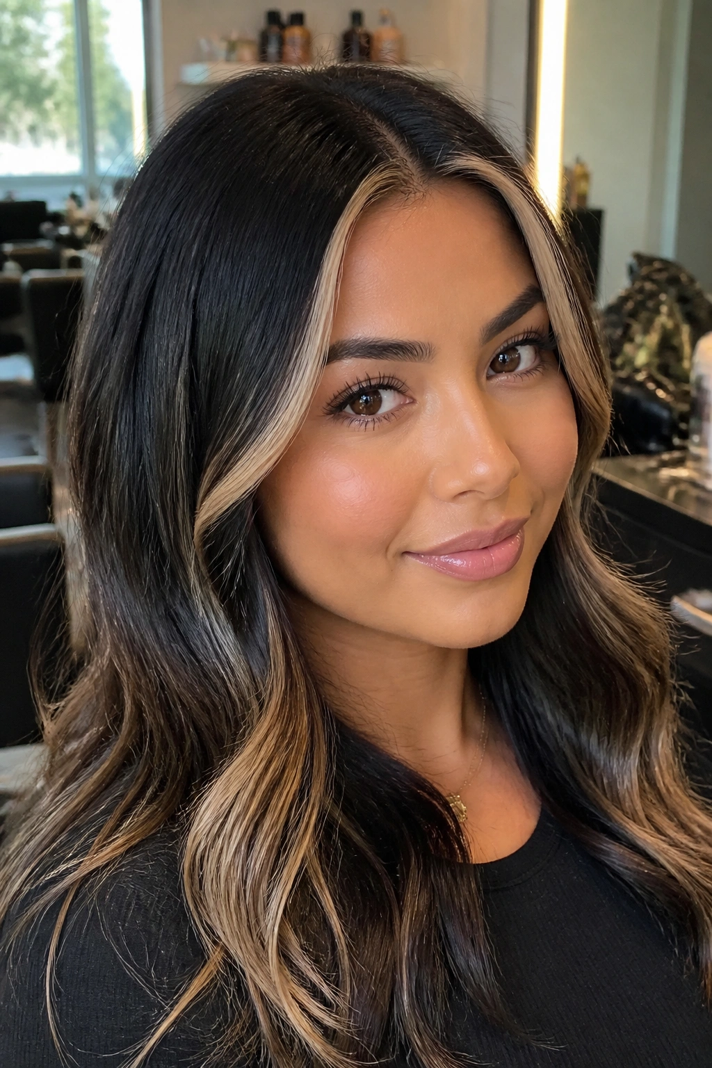 Close-up portrait of a real woman with a champagne money piece above the brows highlighting facial framing