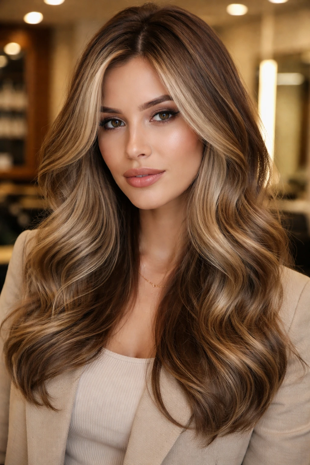 Portrait of a real woman with champagne-mushroom brown balayage.