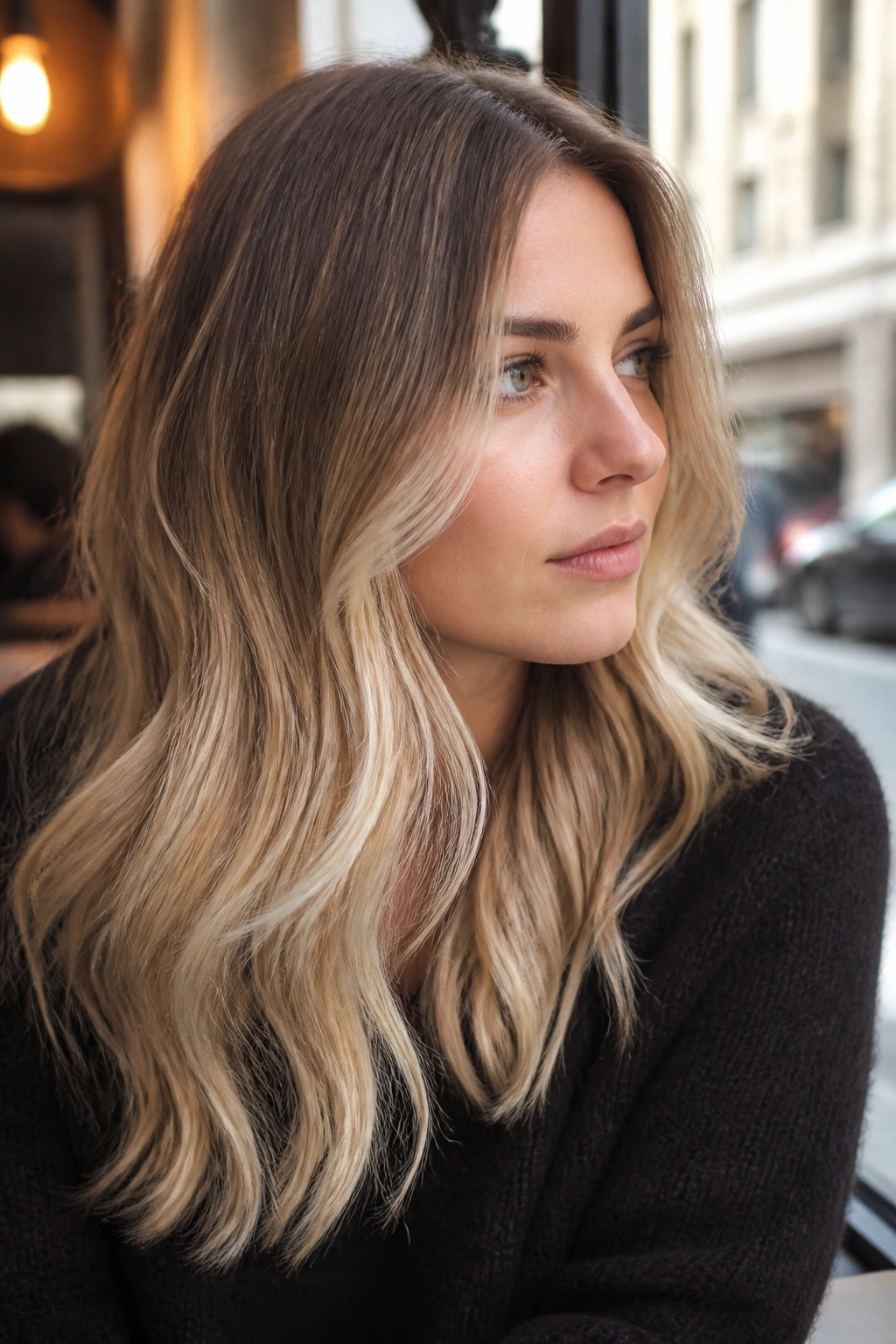 Close-up portrait of a real woman with champagne ombré hair showing dark roots fading to champagne ends