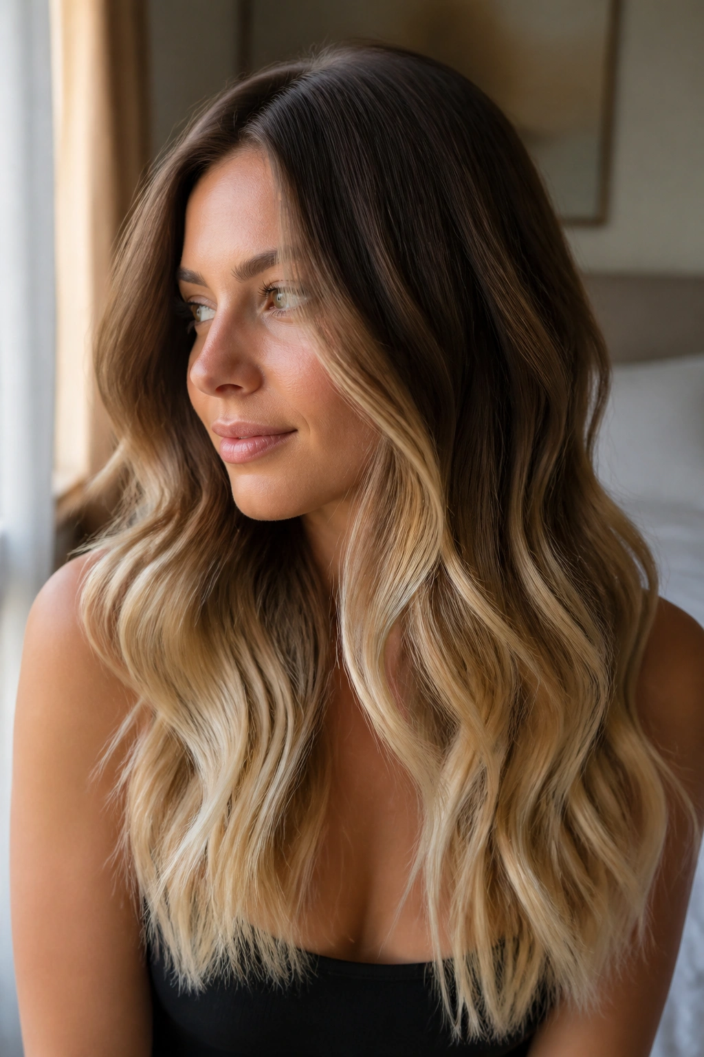 Close-up of a real woman with brown-to-champagne ombre hair and champagne ends