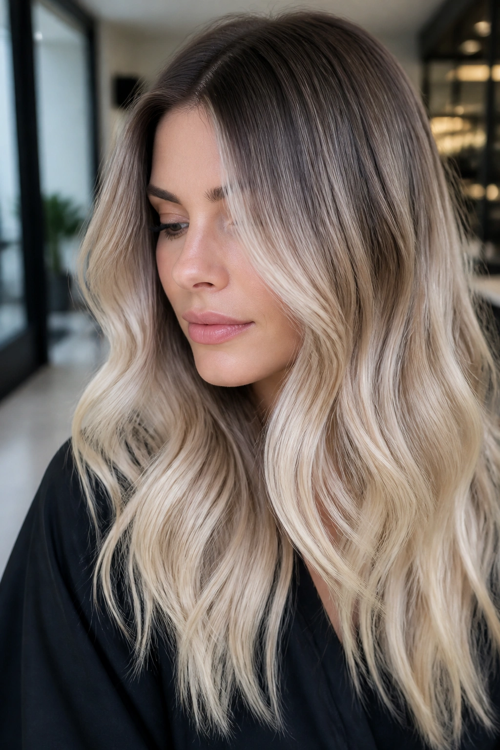 Portrait of a real woman with champagne ombré and shadow root hair