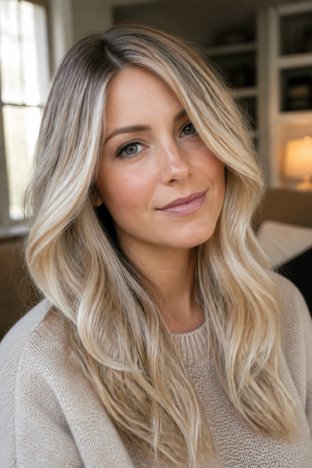 Close-up portrait of a real woman with champagne pearl blonde hair and soft shimmer.