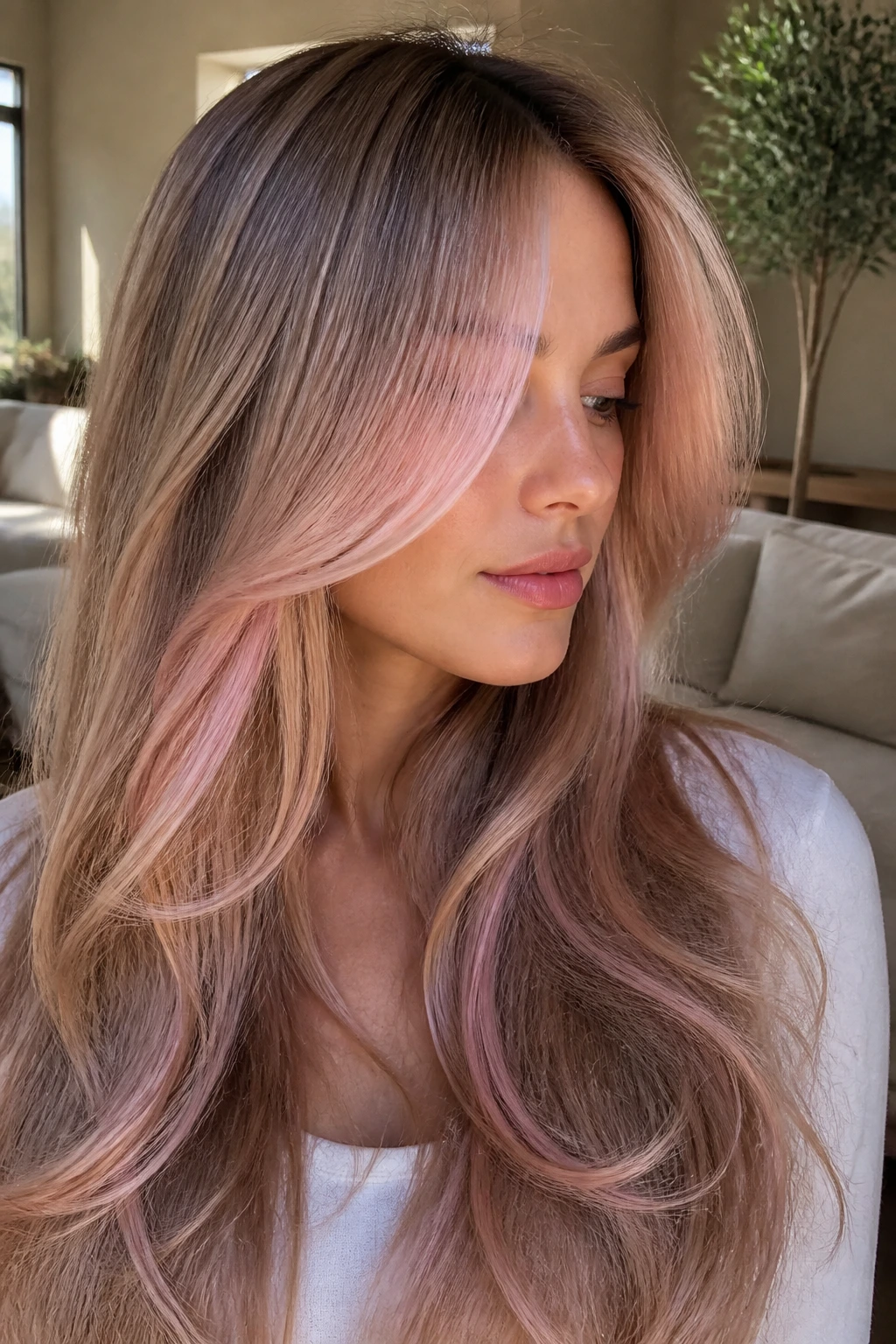 Close-up of real woman with champagne pink swoosh on long curtain layers
